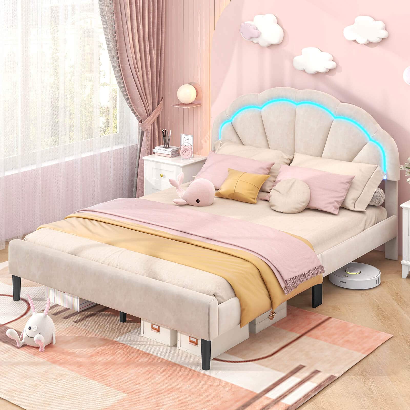 Costway - Queen Size Upholstered LED Bed Frame Soft Velvet Platform Bed with Flower Headboard - Beige