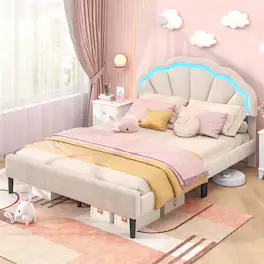 Costway - Queen Size Upholstered LED Bed Frame Soft Velvet Platform Bed with Flower Headboard - Beige
