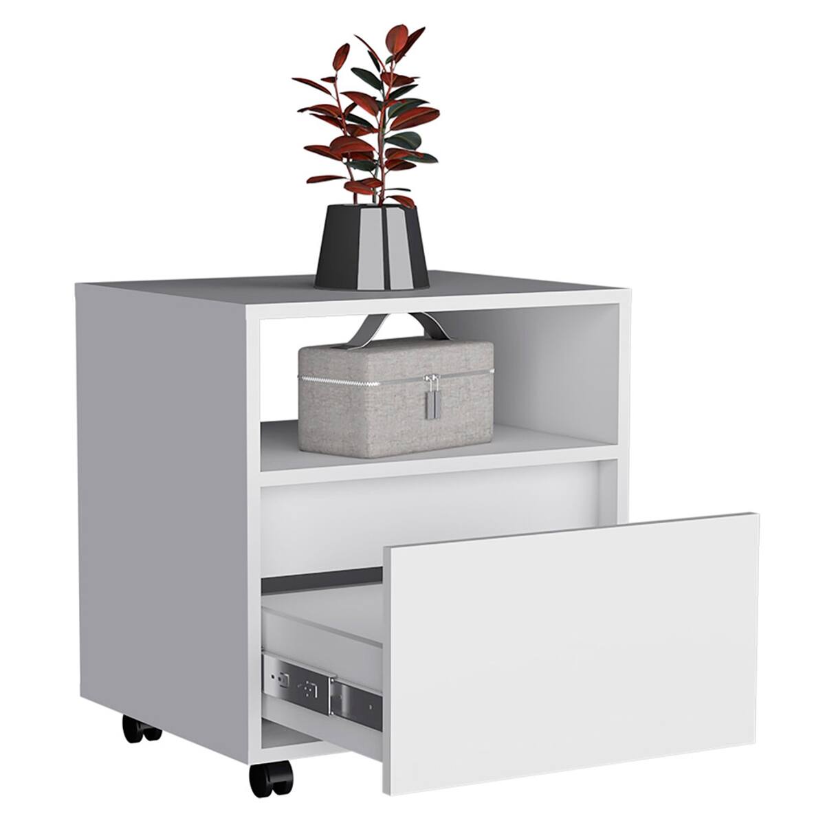Alt View 3. Loheer - Loheer White Nightstand with Drawer, Caster Wheels and Divided Shelf for Bedroom - White.