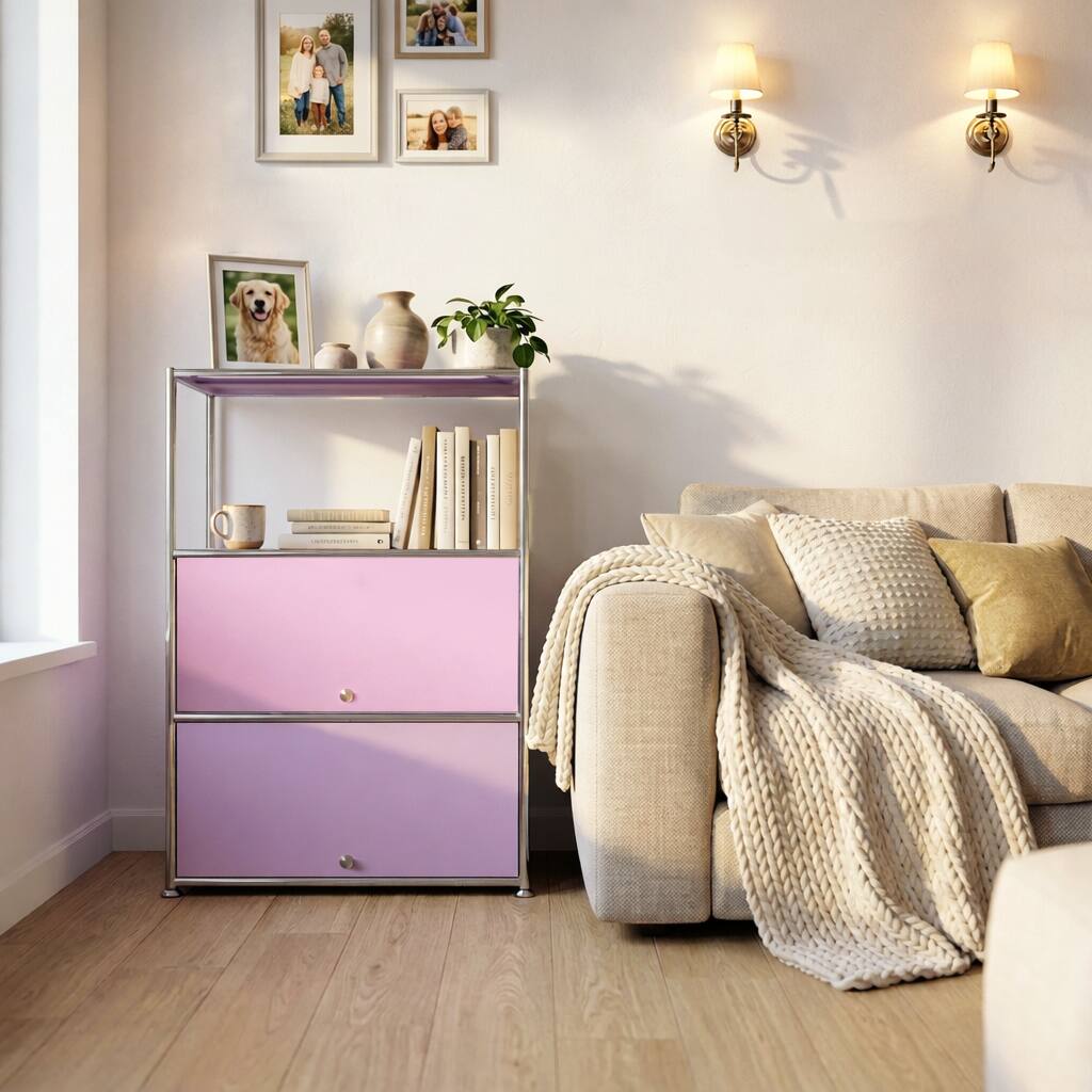 Left. Malletson - 3-Tier Metal Sideboard Buffet Storage Cabinet Modern Grid-Style, for Dining Room, Living Room or Office - Pink.