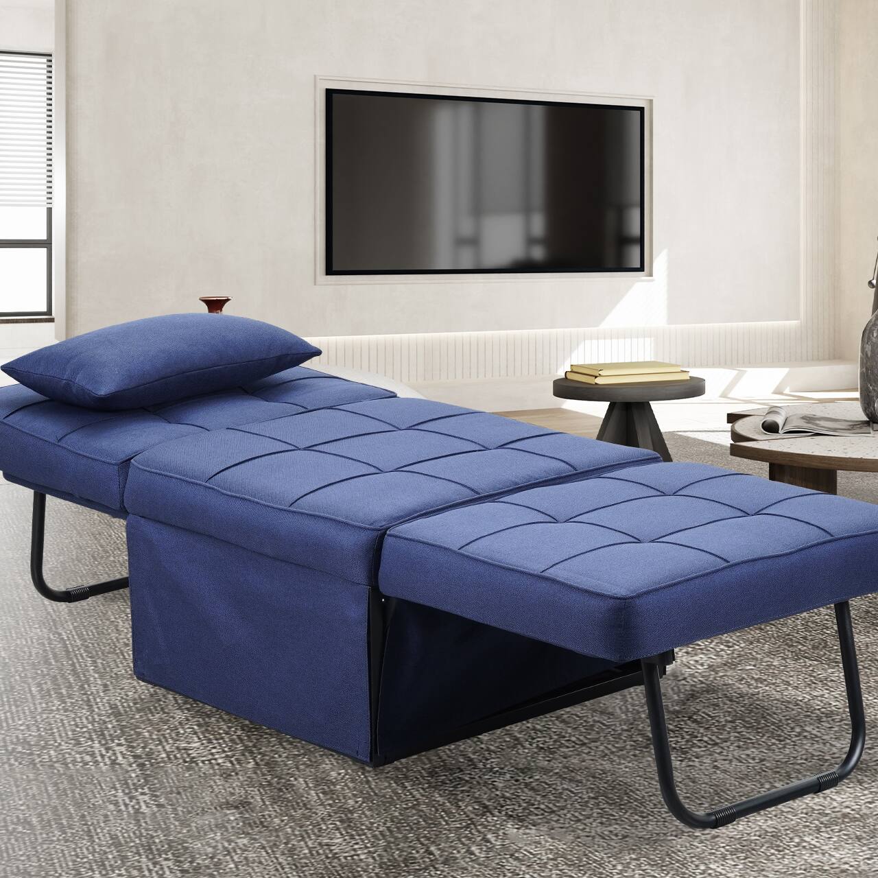 Angle. Ainfox - Ainfox Sofa Bed Breathable Linen Couch Bed with Adjustable Backrest Convertible Chair for Living Room Apartment Office - blue.