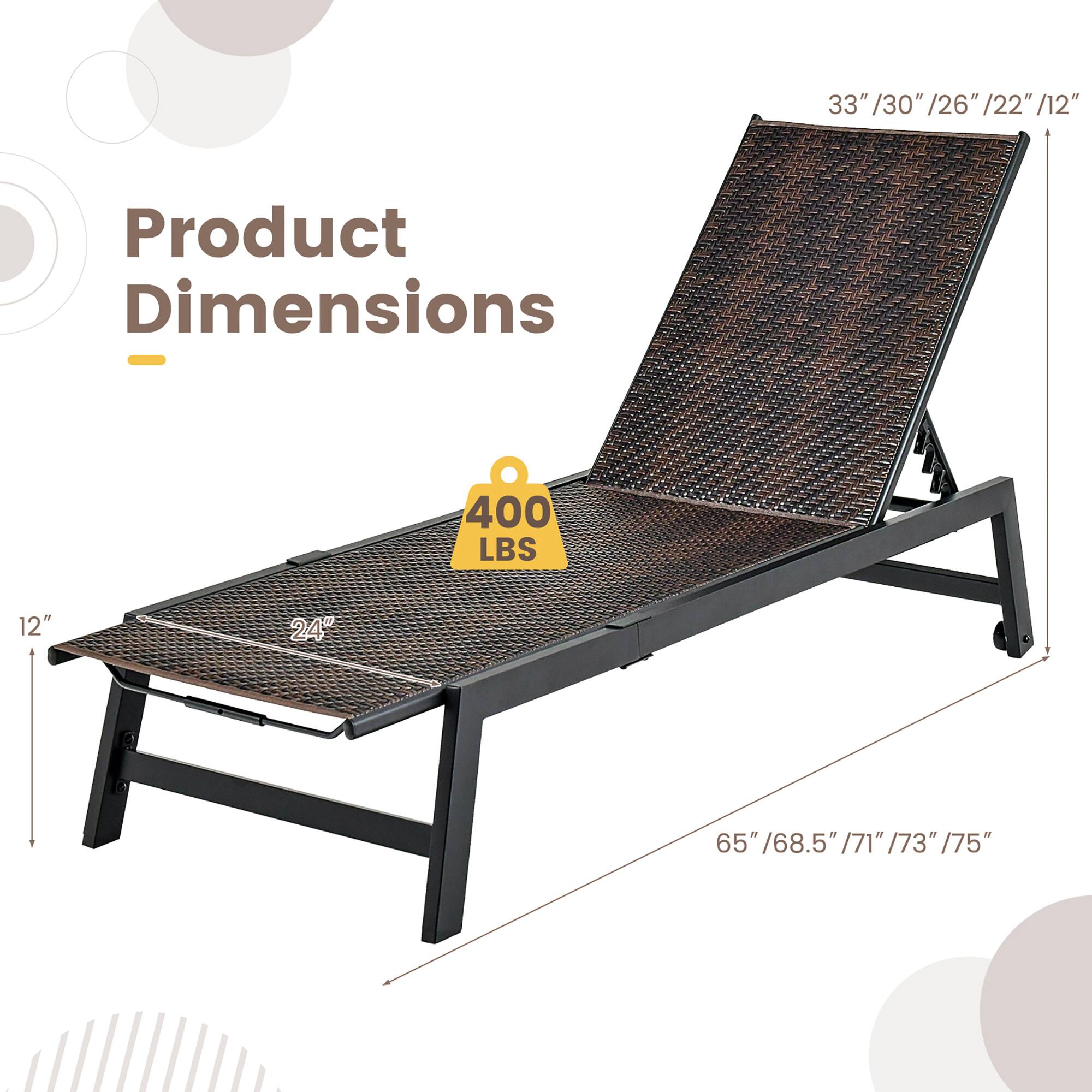 Product Dimensions - 400 LBS

- 33" / 30" / 26" / 22" / 12"
- 12" x 24"
- 65" / 68.5" / 71" / 73" / 75"