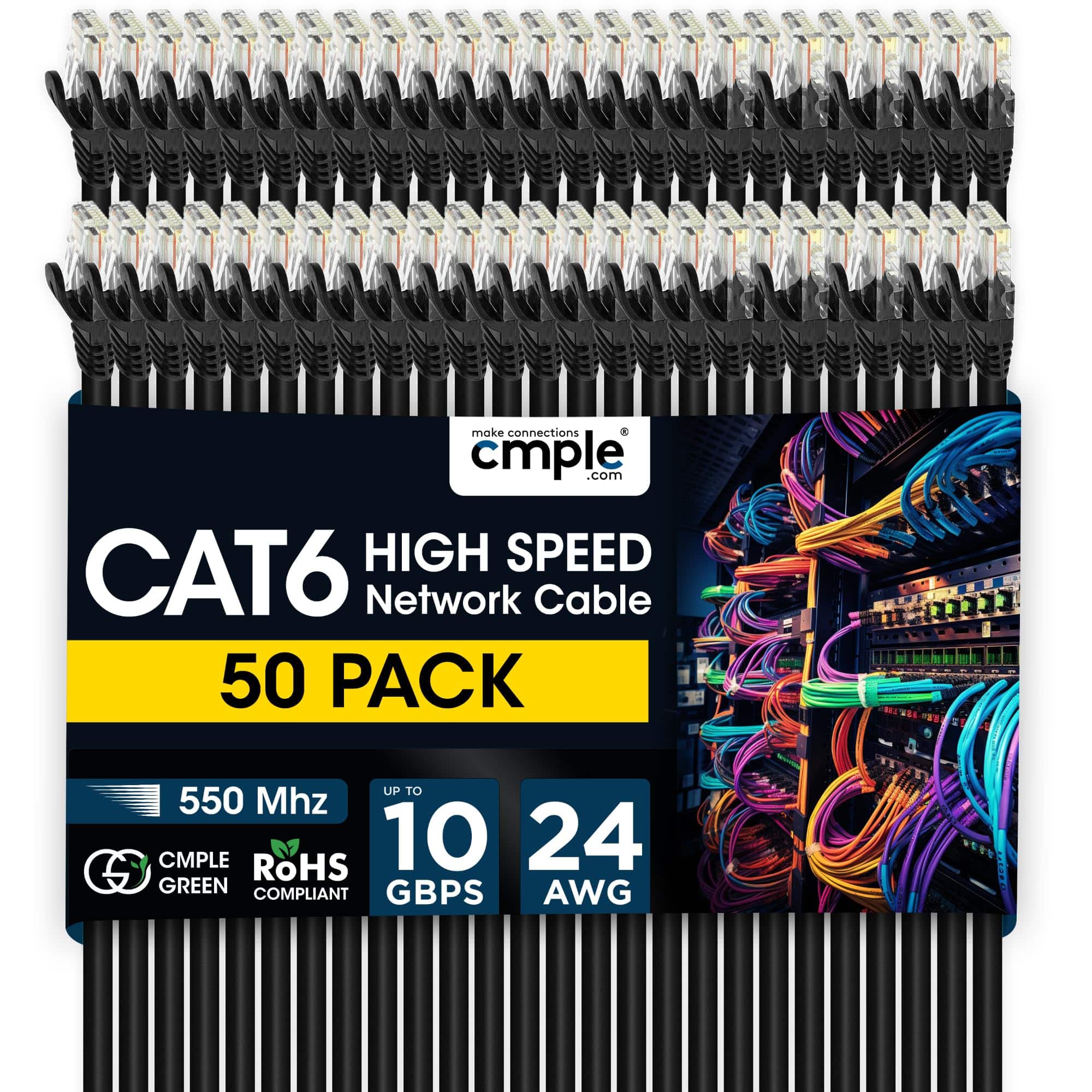Cmple.com - Cmple - 50 Pack Cat 6 Ethernet Cable 1.5 ft 10Gbps Internet Cables with RJ45 Connectors 550MHz Cat6 Patch Cord - Black