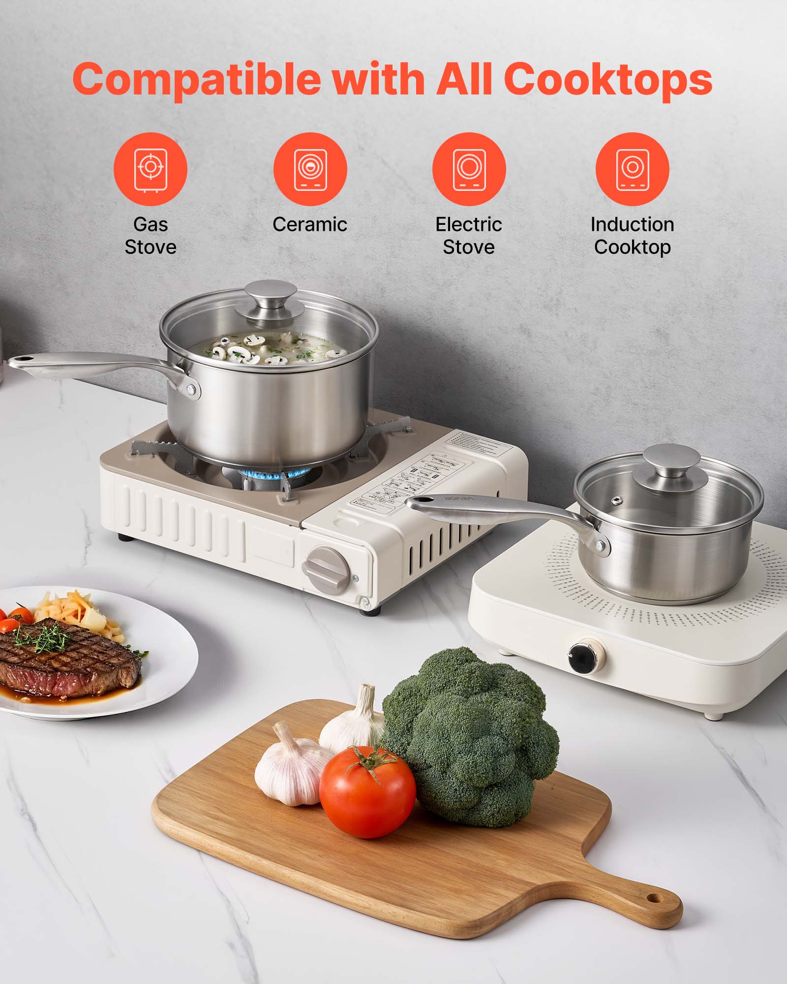 Compatible with All Cooktops

- Gas Stove
- Ceramic Stove
- Electric Stove
- Induction Cooktop
