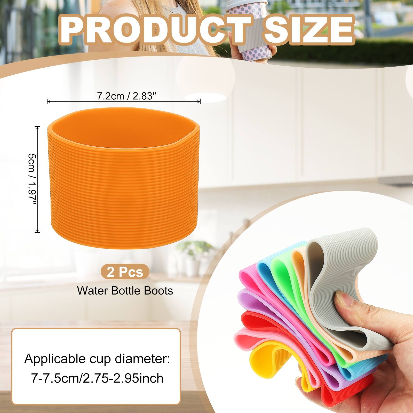 PRODUCT SIZE

7.2cm / 2.83"  
5cm / 1.97"

2 Pcs Water Bottle Boots

Applicable cup diameter:  
7-7.5cm / 2.75-2.95inch