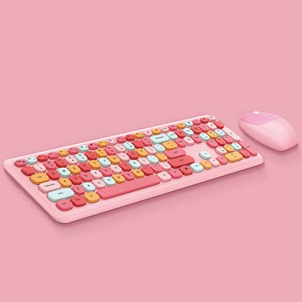 PRIMEPLUS - Keyboard Mouse Combo Wireless 2.4G Mixed Color 110 Key Keyboard Mouse Set with Round Punk Keycaps - Pink
