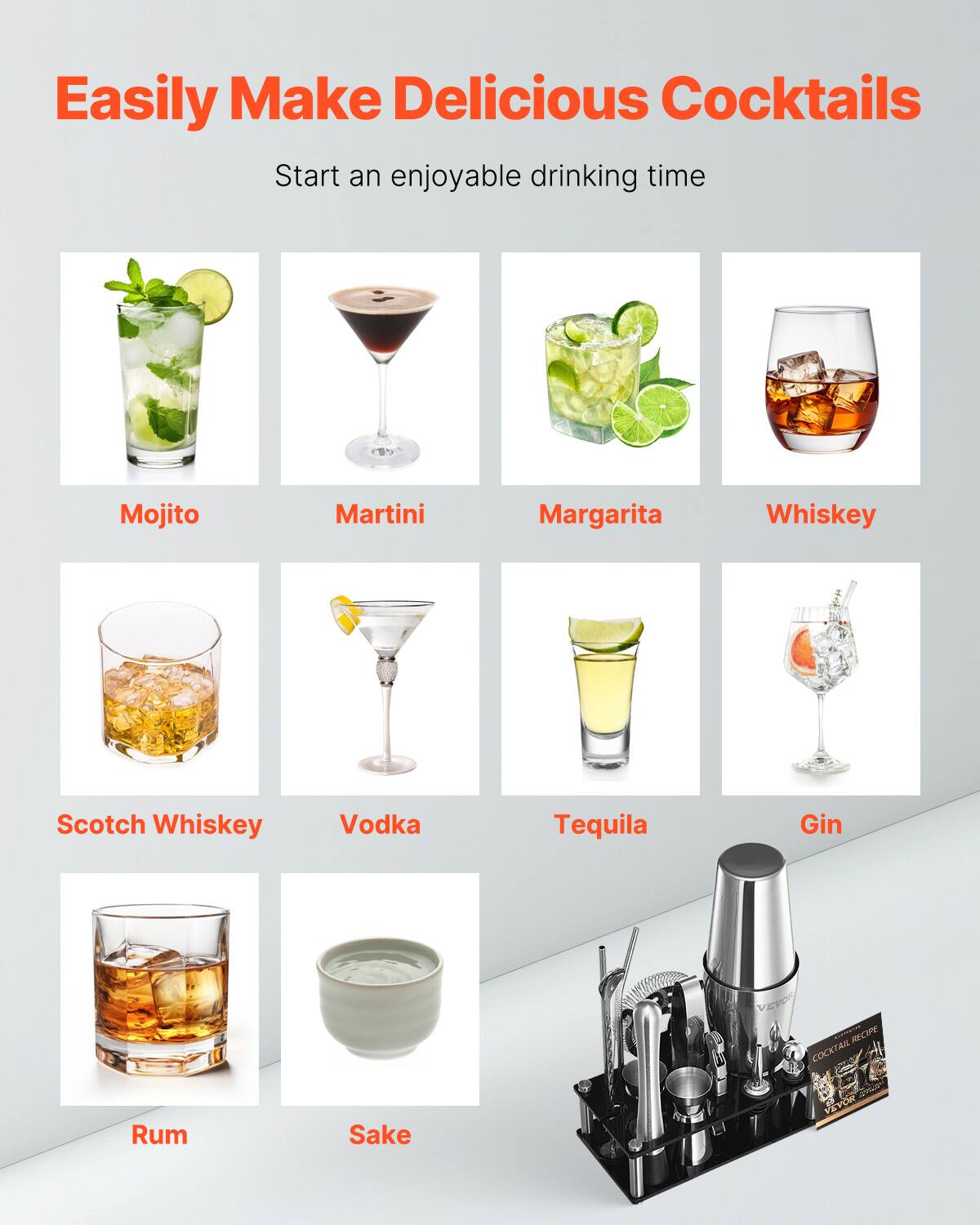 Easily Make Delicious Cocktails  
Start an enjoyable drinking time  

Mojito  
Martini  
Margarita  
Whiskey  
Scotch Whiskey  
Vodka  
Tequila  
Gin  
Rum  
Sake  

COCKTAIL RECIPE