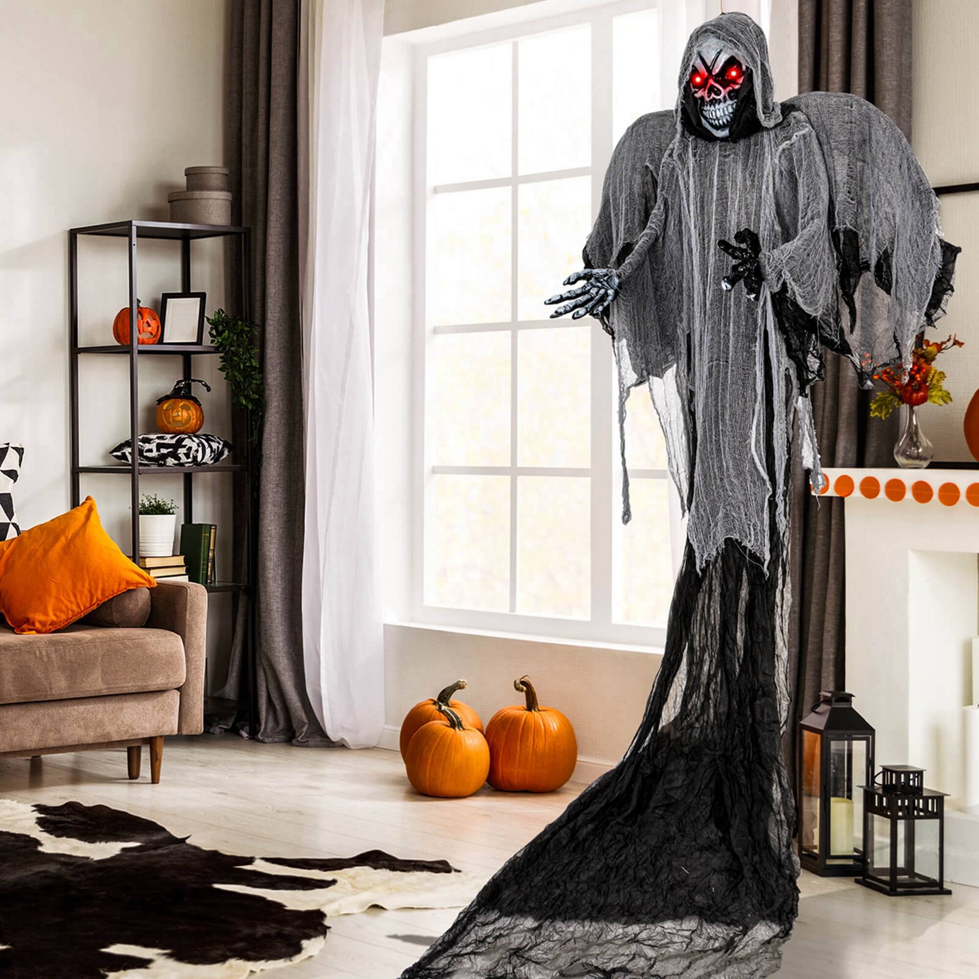 Alt View 4. Costway - Costway 12.1Ft Hanging Halloween Decoration Skeleton Ghost with Flickering Red Eyes - Black.