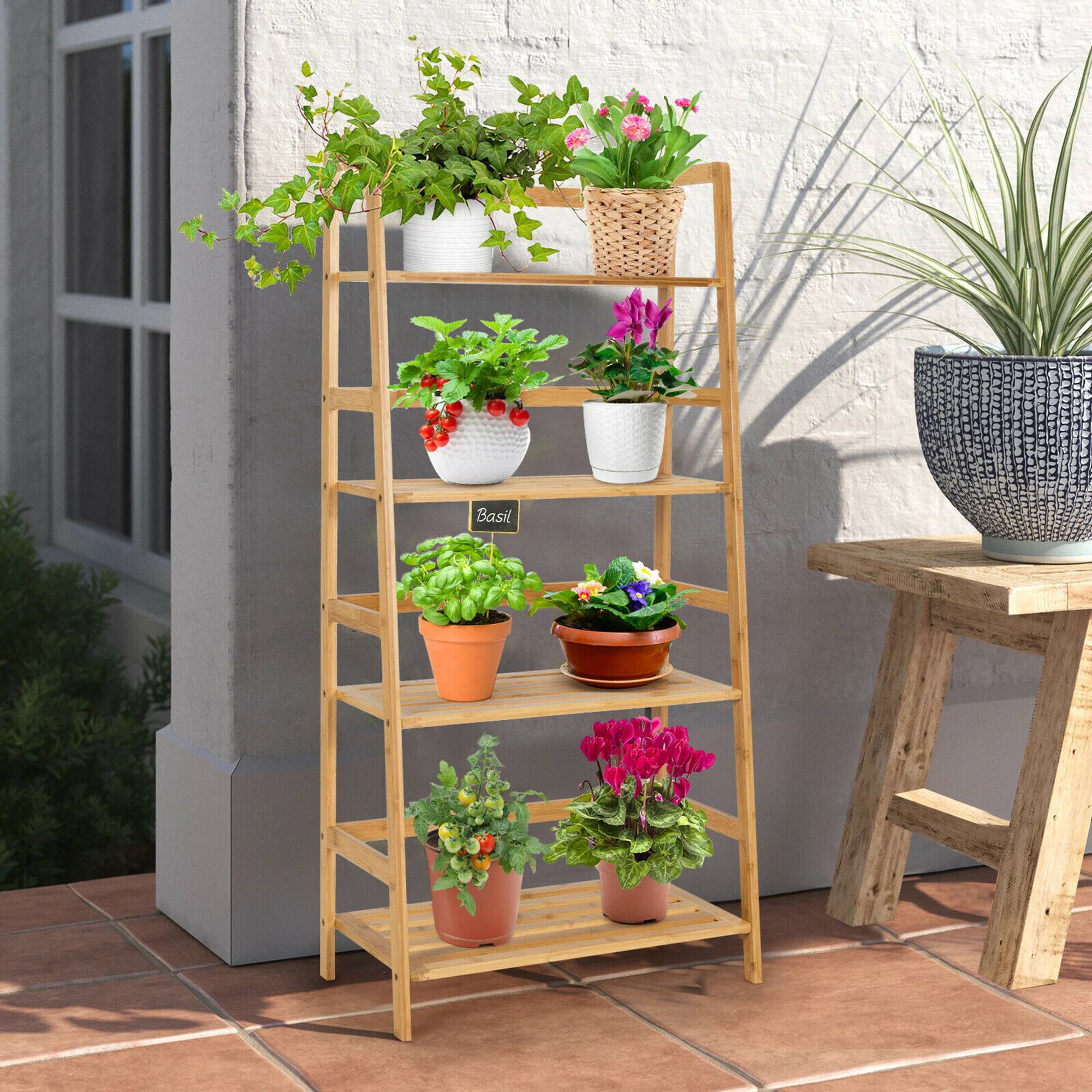 Alt View 4. Gymax - Gymax 4-Tier Bookshelf Bamboo Ladder Shelf Bathroom Shelves Storage Plant Stand Rack - Natural Wood Color.