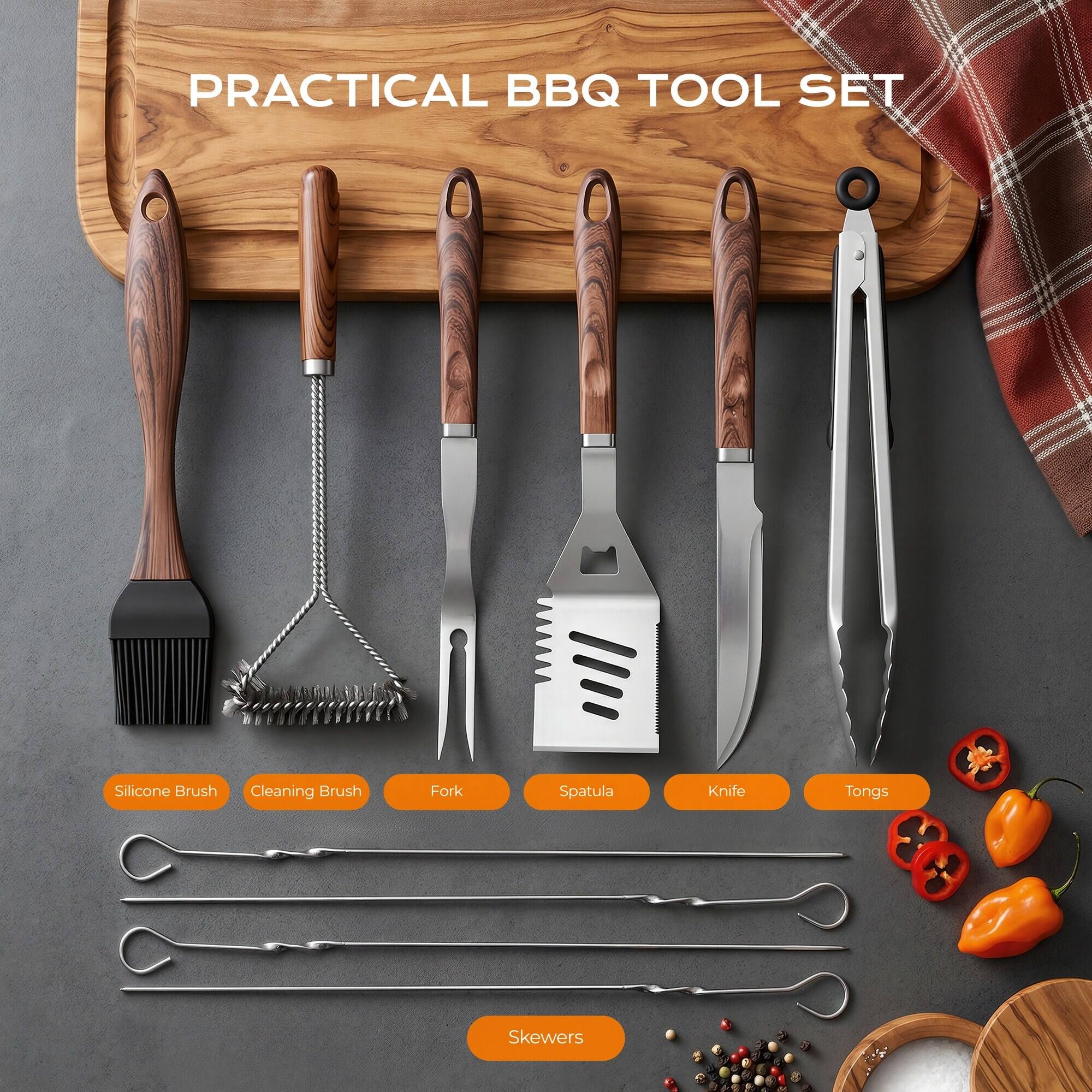 PRACTICAL BBQ TOOL SET

- Silicone Brush
- Cleaning Brush
- Fork
- Spatula
- Knife
- Tongs
- Skewers