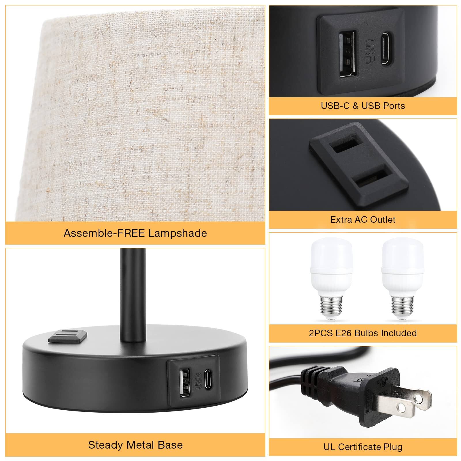 - Assemble-FREE Lampshade
- USB-C & USB Ports
- Extra AC Outlet
- Steady Metal Base
- 2PCS E26 Bulbs Included
- UL Certificate Plug