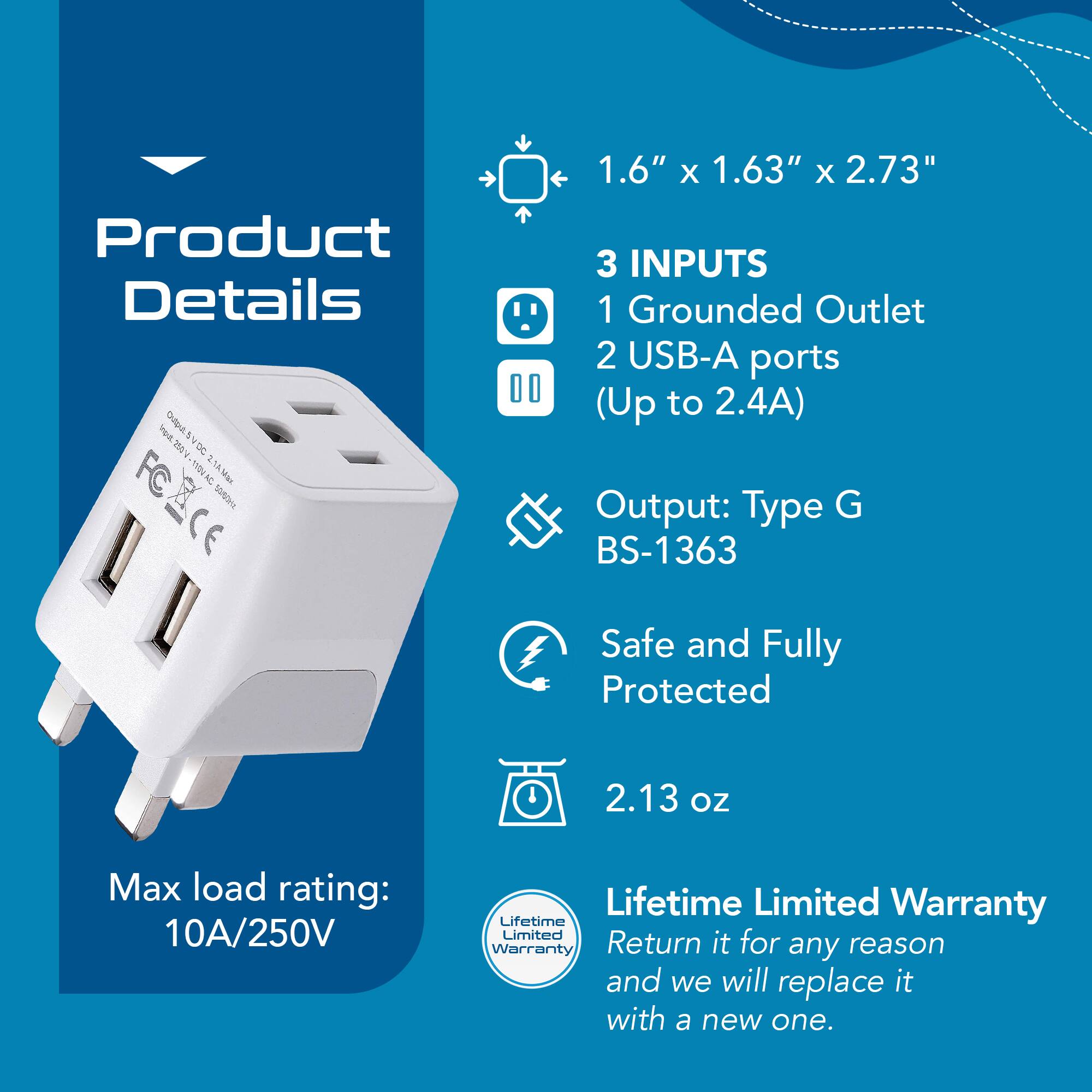 Product Details

- 1.6" x 1.63" x 2.73"
- 3 INPUTS
  - 1 Grounded Outlet
  - 2 USB-A ports (Up to 2.4A)
- Output: Type G BS-1363
- Safe and Fully Protected
- 2.13 oz
- Max load rating: 10A/250V
- Lifetime Limited Warranty
  - Return it for any reason and we will replace it with a new one.