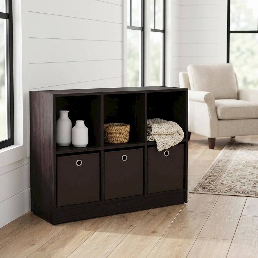 Angle. FurniFact - Wooden 3x2 Bookcase with Bins for Organized Storage in Walnut Finish - Dark Walnut.