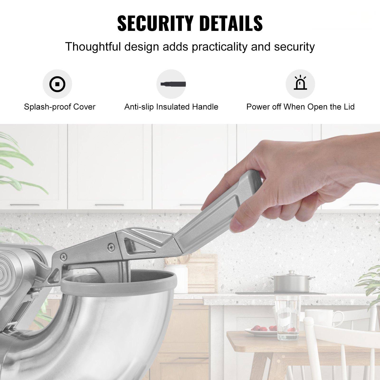 SECURITY DETAILS  
Thoughtful design adds practicality and security  

- Splash-proof Cover  
- Anti-slip Insulated Handle  
- Power off When Open the Lid