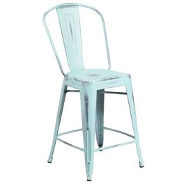 Flash Furniture - Carly Commercial Grade 24" High Distressed Green- Metal Indoor-Outdoor Counter Height Stool with Back - Blue
