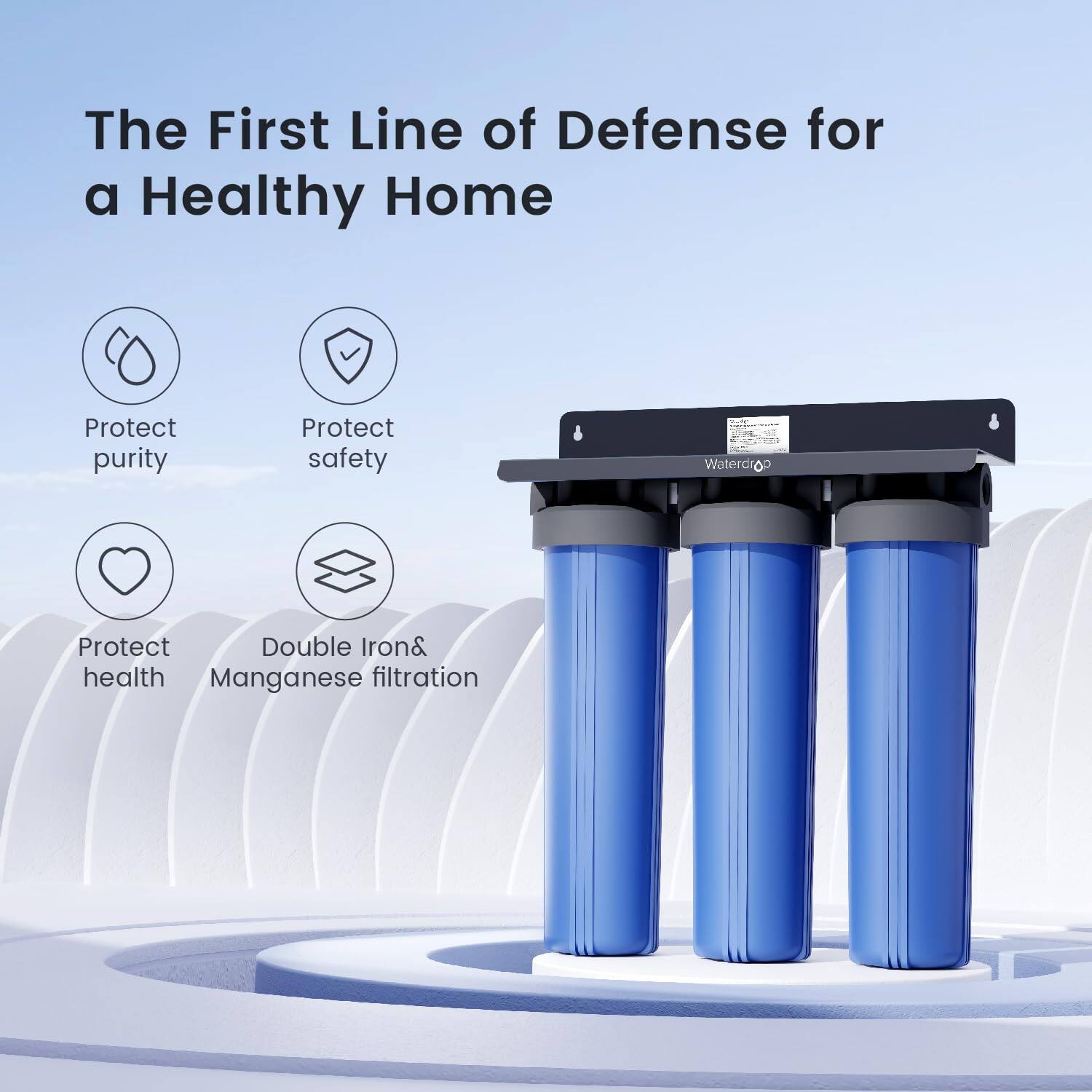 The First Line of Defense for a Healthy Home: Protect purity, Protect safety, Protect health, Double Iron & Manganese filtration.