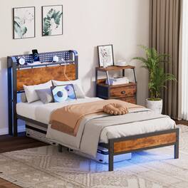 Furnulem - Bed frame with Wood Storage Headboard,Metal Platform Bed with Under Storage - Brown