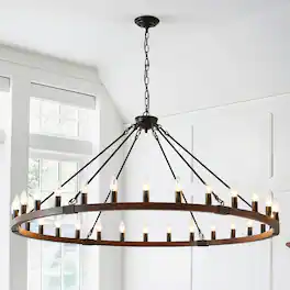 Loheer - 30 Light Wood Wagon Wheel Chandelier, Matte Black Farmhouse Pendant Light for Dining Room