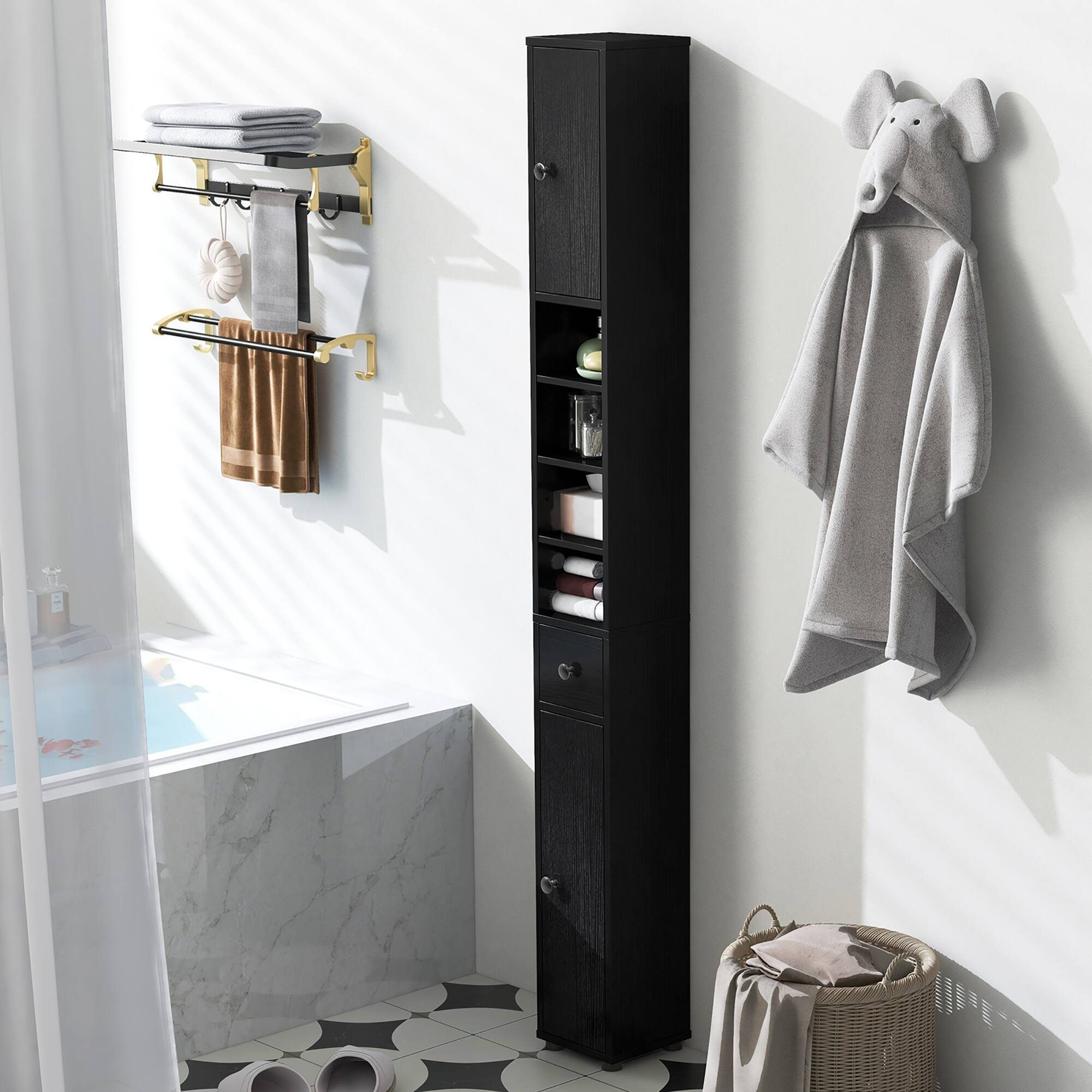 Alt View 3. Gymax - Gymax Tall Slim Bathroom Storage Cabinet Linen Tower w/Drawer Adjustable Shelves Black - Black.