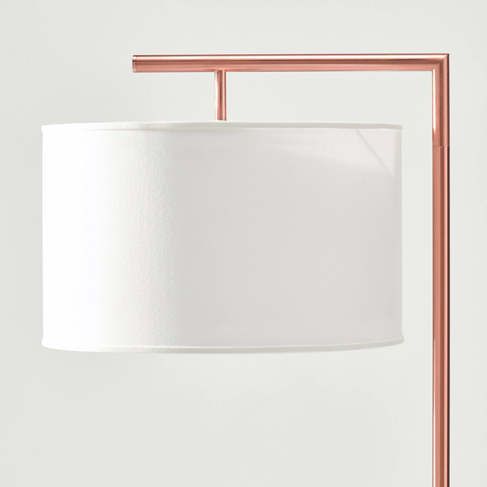 Back. Brightech - Montage Modern LED Midcentury Modern Arc Super Bright Floor Lamp with Ivory White Fabric Drum Shade - Glossy Rose Gold.