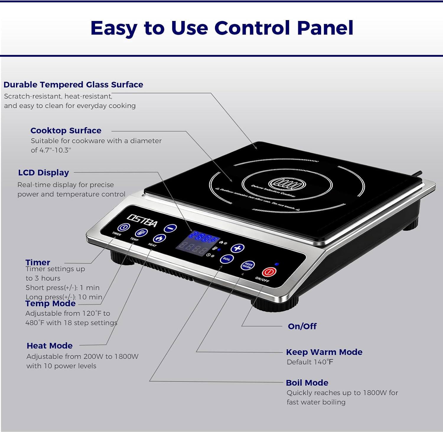 Easy to Use Control Panel

Durable Tempered Glass Surface
- Scratch-resistant, heat-resistant, and easy to clean for everyday cooking

Cooktop Surface
- Suitable for cookware with a diameter of 4.7" - 10.3"

LCD Display
- Real-time display for precise power and temperature control

Timer
- Timer settings up to 3 hours
  - Short press (+/-): 1 min
  - Long press (+/-): 10 min

Temp Mode
- Adjustable from 120°F to 480°F with 18 step settings

Heat Mode
- Adjustable from 200W to 1800W with 10 power levels

Keep Warm Mode
- Default 140°F

Boil Mode
- Quickly reaches up to 1800W for fast water boiling