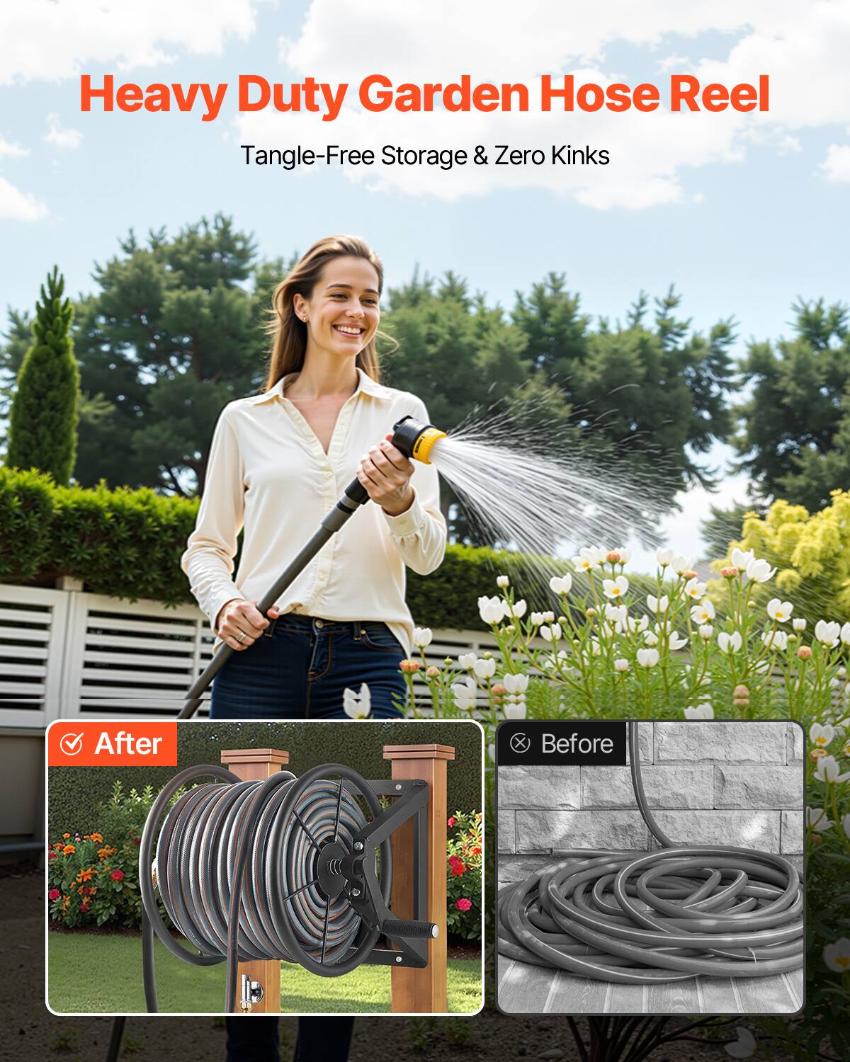 Heavy Duty Garden Hose Reel  
Tangle-Free Storage & Zero Kinks  

After  
Before