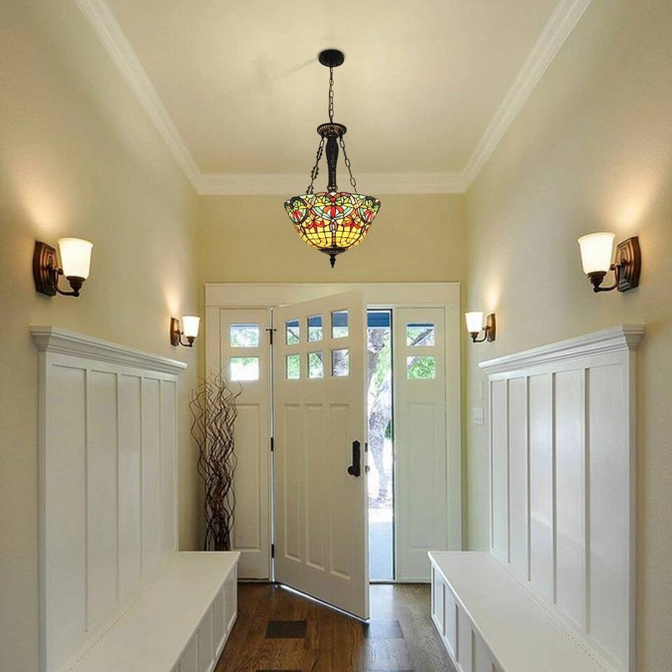 Angle. Home Collection - Tiffany Stained Glass Ceiling Light, Flush Mount Chandelier Pendant Fixture, 15.7-inch.