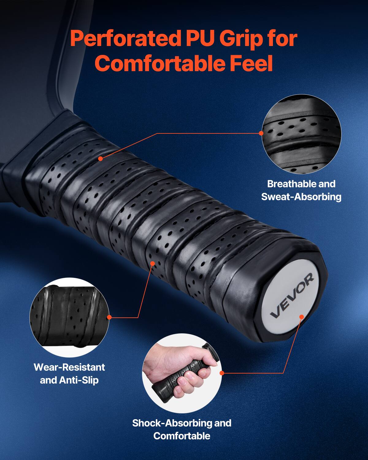 Perforated PU Grip for Comfortable Feel

- Breathable and Sweat-Absorbing
- Wear-Resistant and Anti-Slip
- Shock-Absorbing and Comfortable