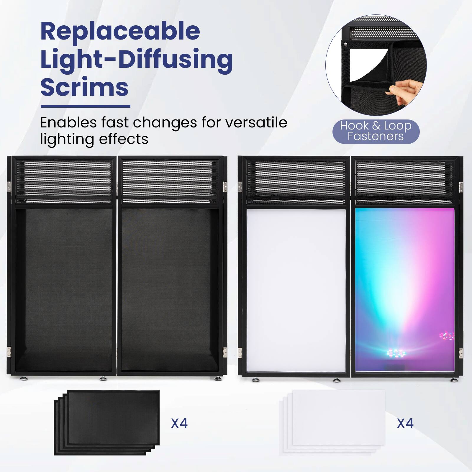 Replaceable Light-Diffusing Scrims  
Enables fast changes for versatile lighting effects  

Hook & Loop Fasteners: X4 X4