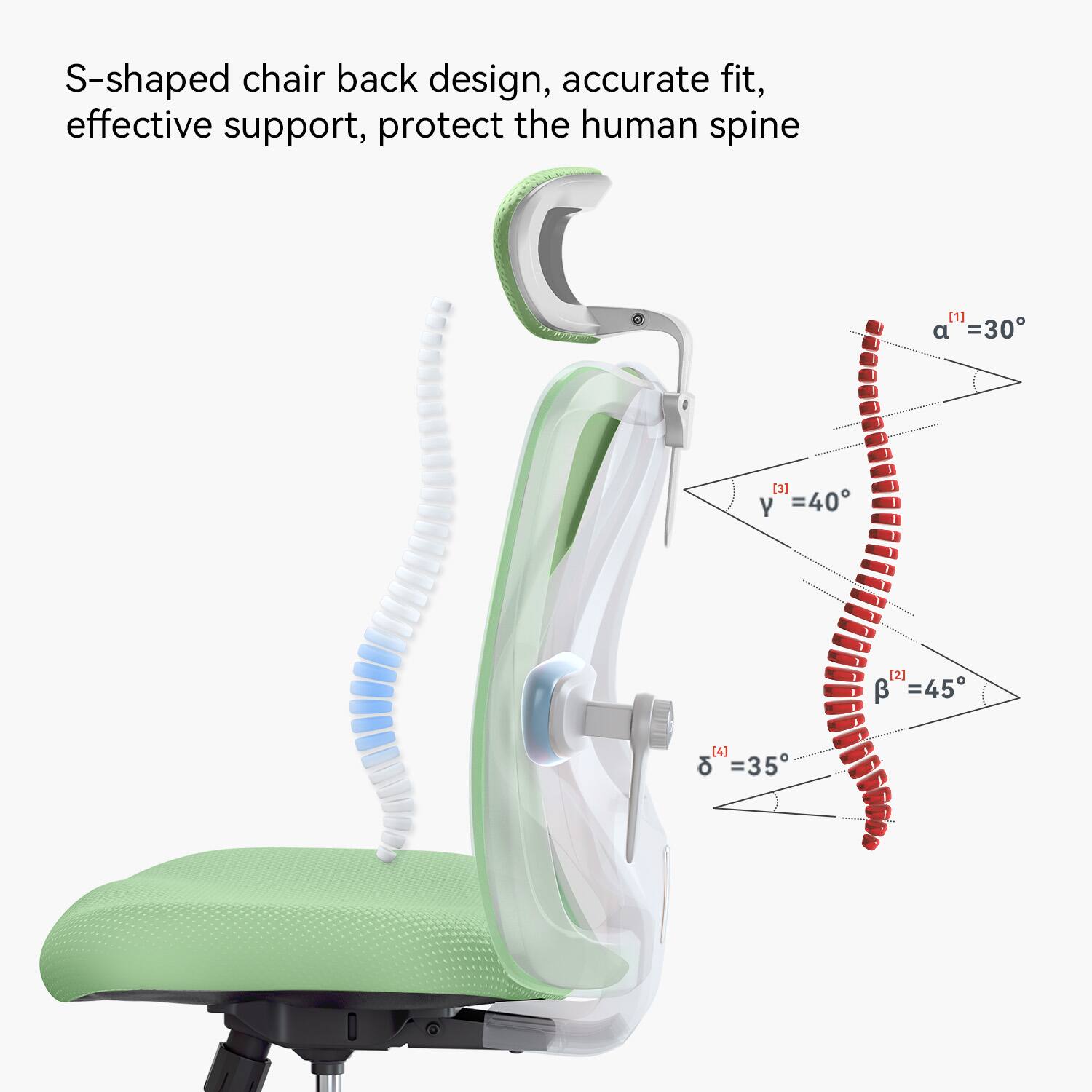 S-shaped chair back design, accurate fit, effective support, protect the human spine

- α = 30°
- γ = 40°
- β = 45°
- δ = 35°