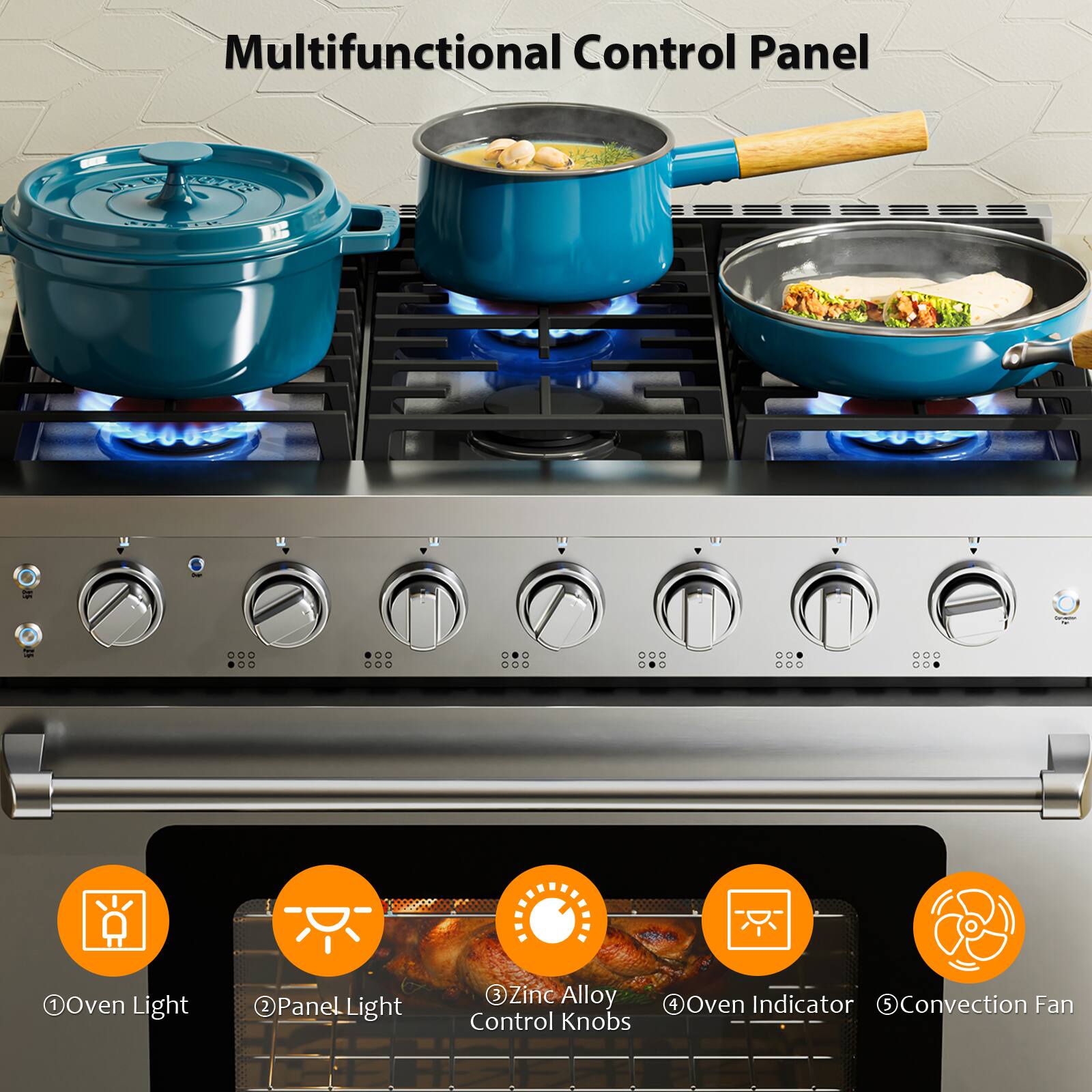 Multifunctional Control Panel, Oven Light, Zinc Alloy Control Knobs, Oven Indicator, Convection Fan, Panel Light, Control Knobs