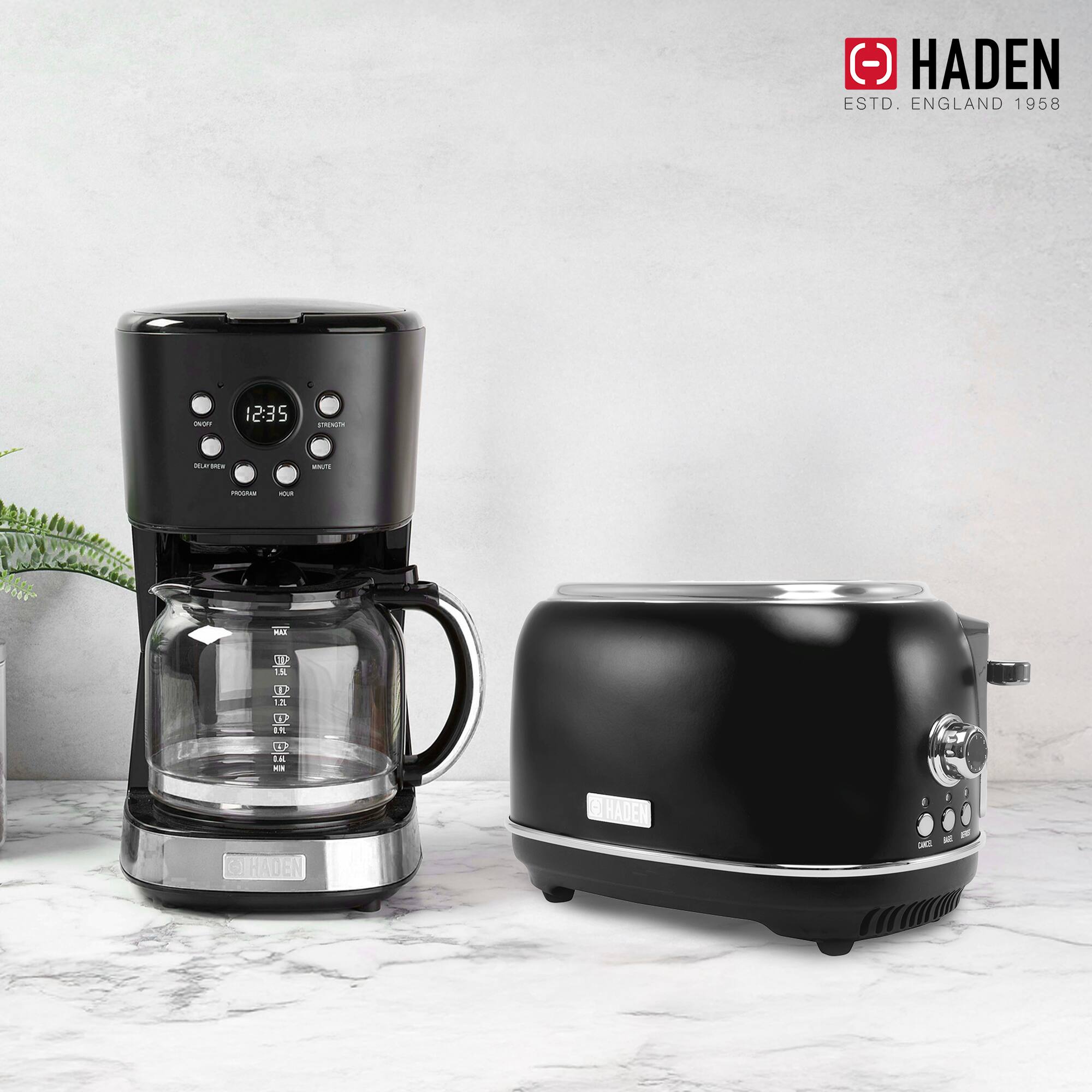 Haden - 12 Cup Coffee Maker & Heritage 2 Slice Wide Slot Toaster, Black & Chrome - Black/Chrome - Thumbnail 2