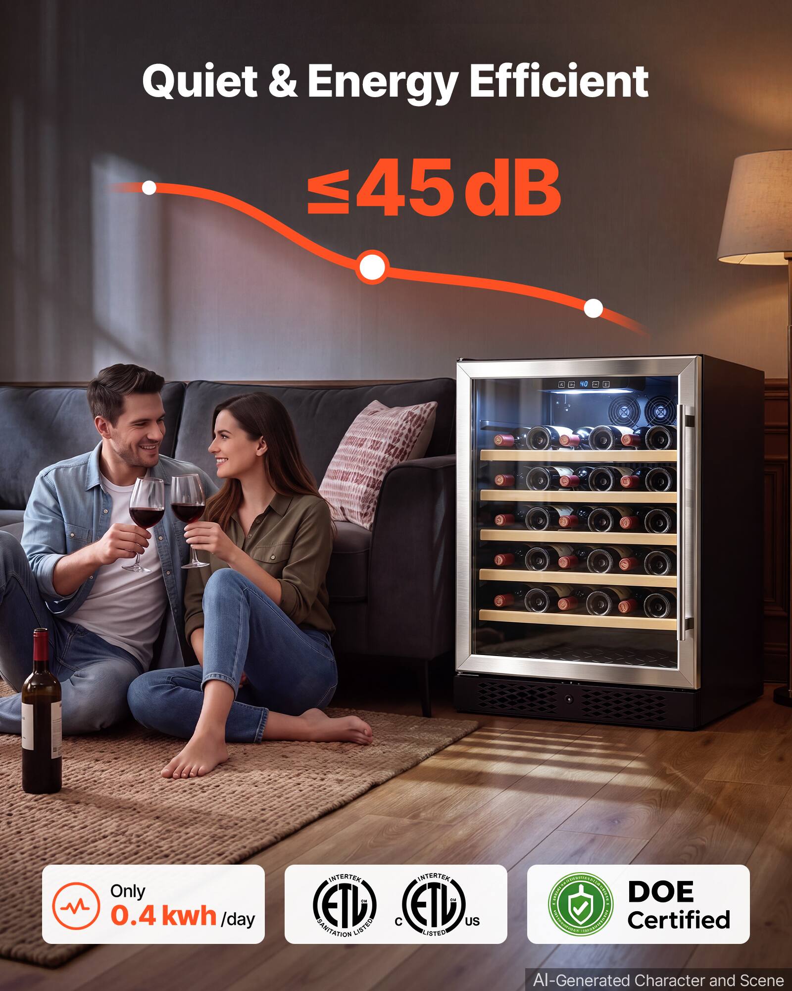 Quiet & Energy Efficient  
≤45 dB  
Only 0.4 kwh/day  
INTERTEK as ETL LISTED SANITATION  
INTERTEK the C FTH US LISTED  
DOE Certified  
AI-Generated Character and Scene