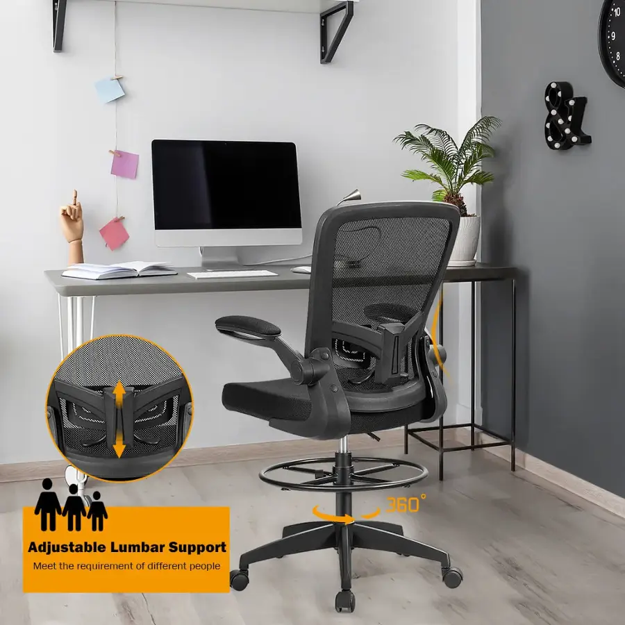 The image features a black office chair with adjustable lumbar support, which is designed to meet the requirements of different people. The chair is placed in front of a desk, which has a computer and a keyboard on it. Additionally, there is a potted plant and a clock on the wall, adding to the overall office setup.