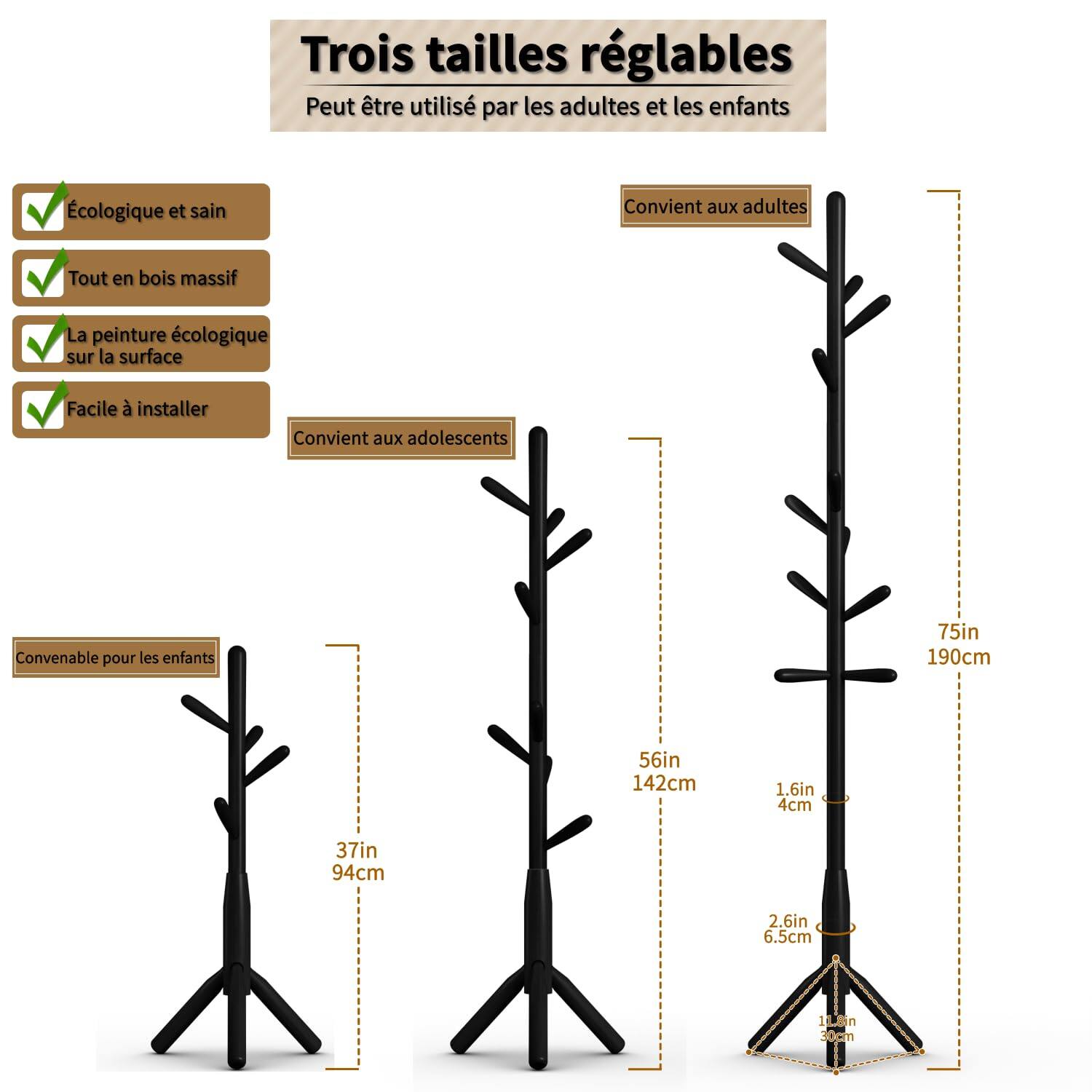 Trois tailles réglables  
Peut être utilisé par les adultes et les enfants  

- Écologique et sain  
- Tout en bois massif  
- La peinture écologique sur la surface  
- Facile à installer  

Convient aux adolescents  
Convient aux adultes  
Convenable pour les enfants  

Dimensions :  
- 75in / 190cm  
- 56in / 142cm  
- 37in / 94cm  

Épaisseur :  
- 1.6in / 4cm  
- 2.6in / 6.5cm  
- 30cm
