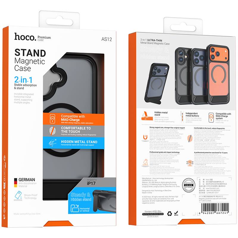 **hoco. Premium case**

**STAND Magnetic Case**

**2-in-1**  
Stable adsorption & stand  
Invisible integrated horizontal metal stand supporting multiple angles

**Compatible with**  
MAG-Charge  
Hidden metal buttons

**COMFORTABLE TO THE TOUCH**  
Pobmer and-foutig coering resura Engergrints

**HIDDEN METAL STAND**  
Mortzortal - mand -- mun angl tuppon  
Professional - necbnoogy na proerto -- Srand - 18 p

**GERMAN**  
Anti-discoloration Material  
Shock Proof Technology

**Designed for**  
iP17

**Make something you love**  
Horizontal or vertical

**2-in-1 ULTRA-THIN**  
Metal Stand Magnetic Case  
Hidden metal stand

**Hidden metal stand**  
Stronger magnet, stronger than original magnet

**Independent**  
MAG-Charge  
We use strong magnet, mobile adsorption

**Compatible with**  
MAG-Charge  
Hidden metal buttons

**COMFORTABLE TO THE TOUCH**  
Pobmer and-foutig coering resura Engergrints

**HIDDEN METAL STAND**  
Res