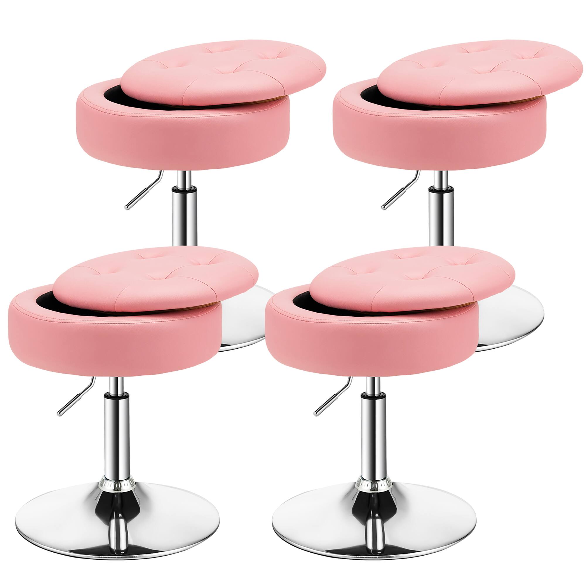 Front. Costway - Set of 4 Adjustable Vanity Stool 360° Swivel Storage Makeup Chair with  Tray - Pink.