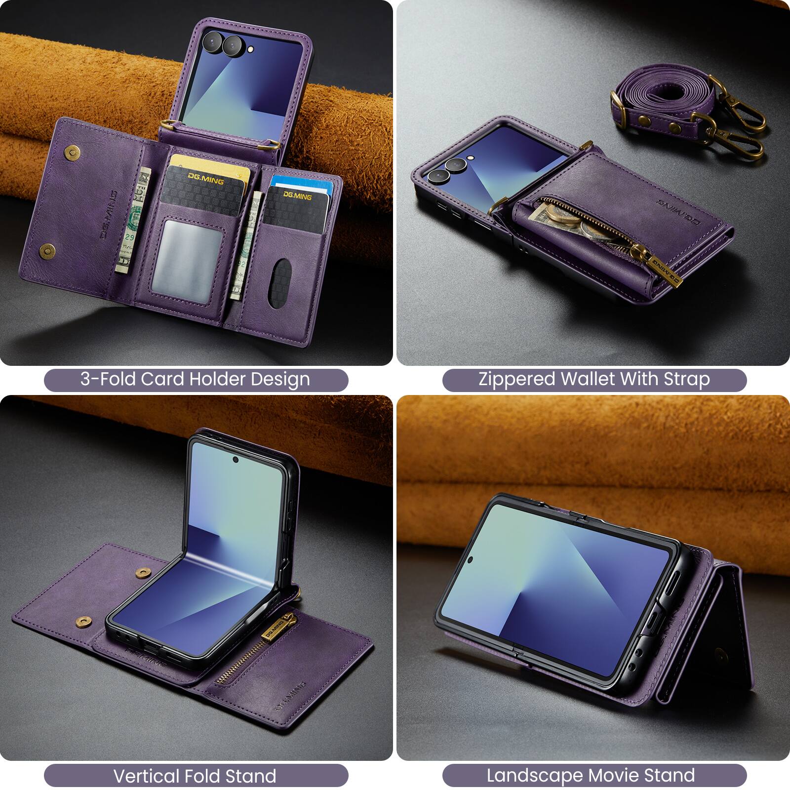 OGMIN Da OGUMING D0 BAT EAi 3-Fold Card Holder Design Zippered Wallet With Strap Vertical Fold Stand Landscape Movie Stand