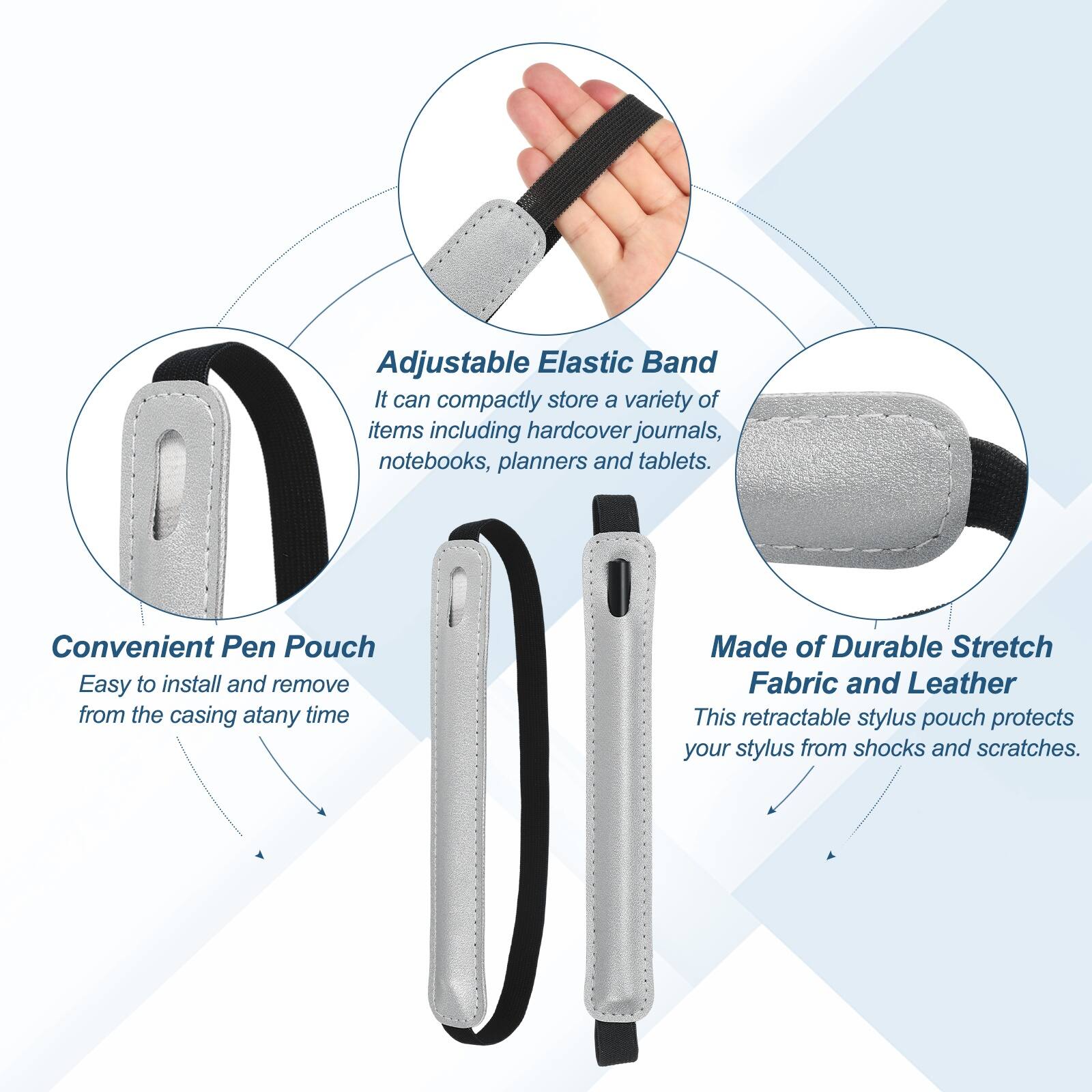 Adjustable Elastic Band  
It can compactly store a variety of items including hardcover journals, notebooks, planners, and tablets.

Convenient Pen Pouch  
Easy to install and remove from the casing at any time.

Made of Durable Stretch Fabric and Leather  
This retractable stylus pouch protects your stylus from shocks and scratches.