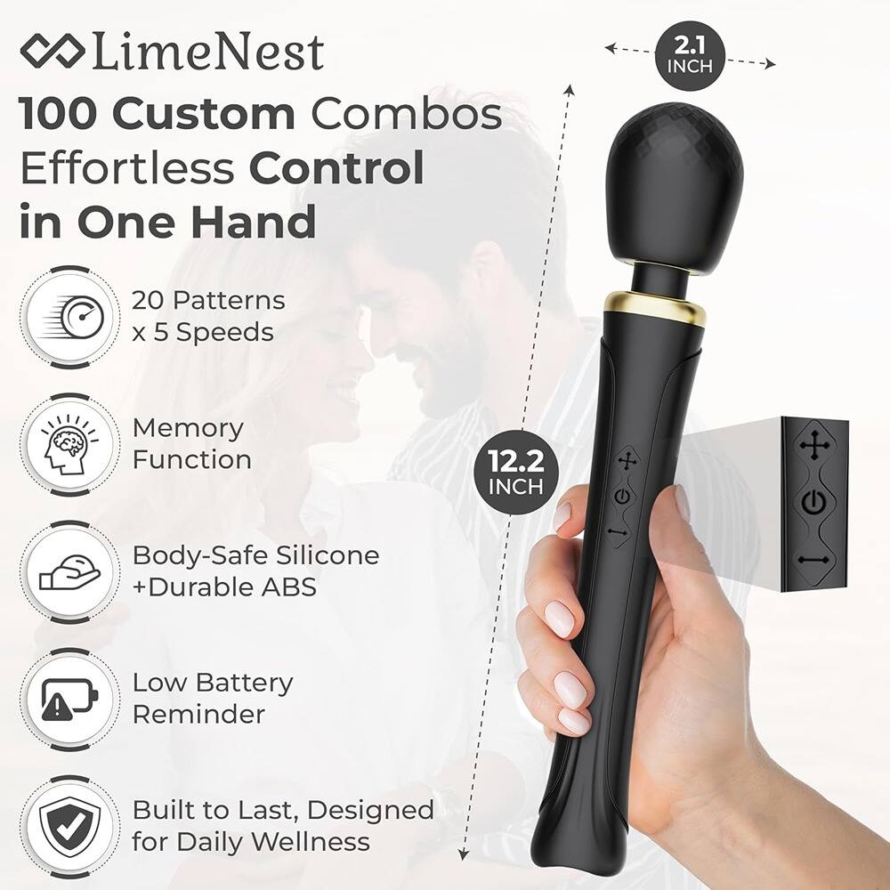 LimeNest  
100 Custom Combos  
Effortless Control in One Hand  

- 20 Patterns x 5 Speeds  
- Memory Function  
- Body-Safe Silicone + Durable ABS  
- Low Battery Reminder  
- Built to Last, Designed for Daily Wellness  

2.1 INCH  
12.2 INCH