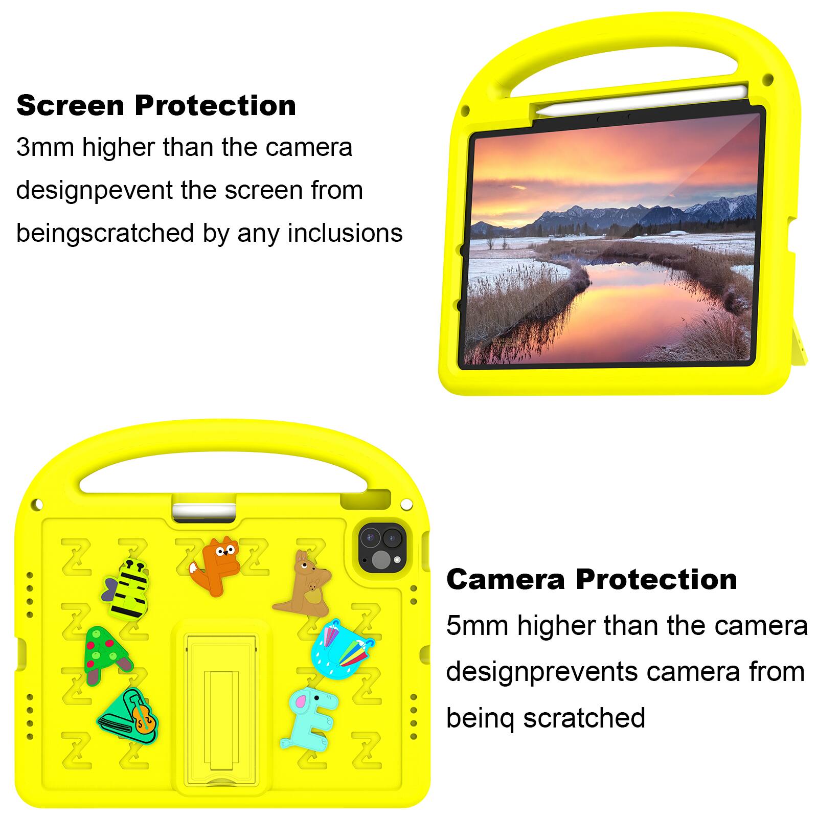 Screen Protection  
3mm higher than the camera design prevents the screen from being scratched by any inclusions  

Camera Protection  
5mm higher than the camera design prevents the camera from being scratched
