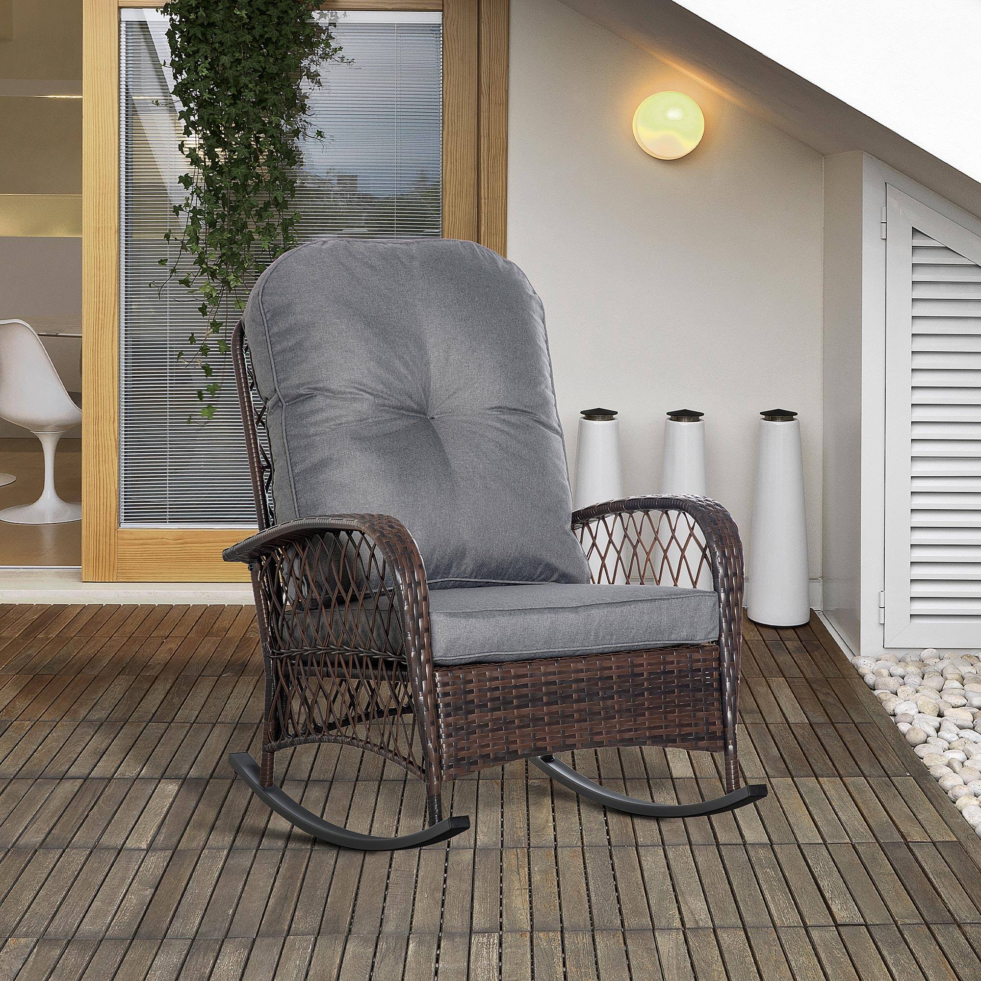 Alt View 1. Outsunny - Outdoor Wicker Rocking Chair with Wide Seat, Thickened Cushion, Rattan Rocker with Steel Frame - Light Grey.