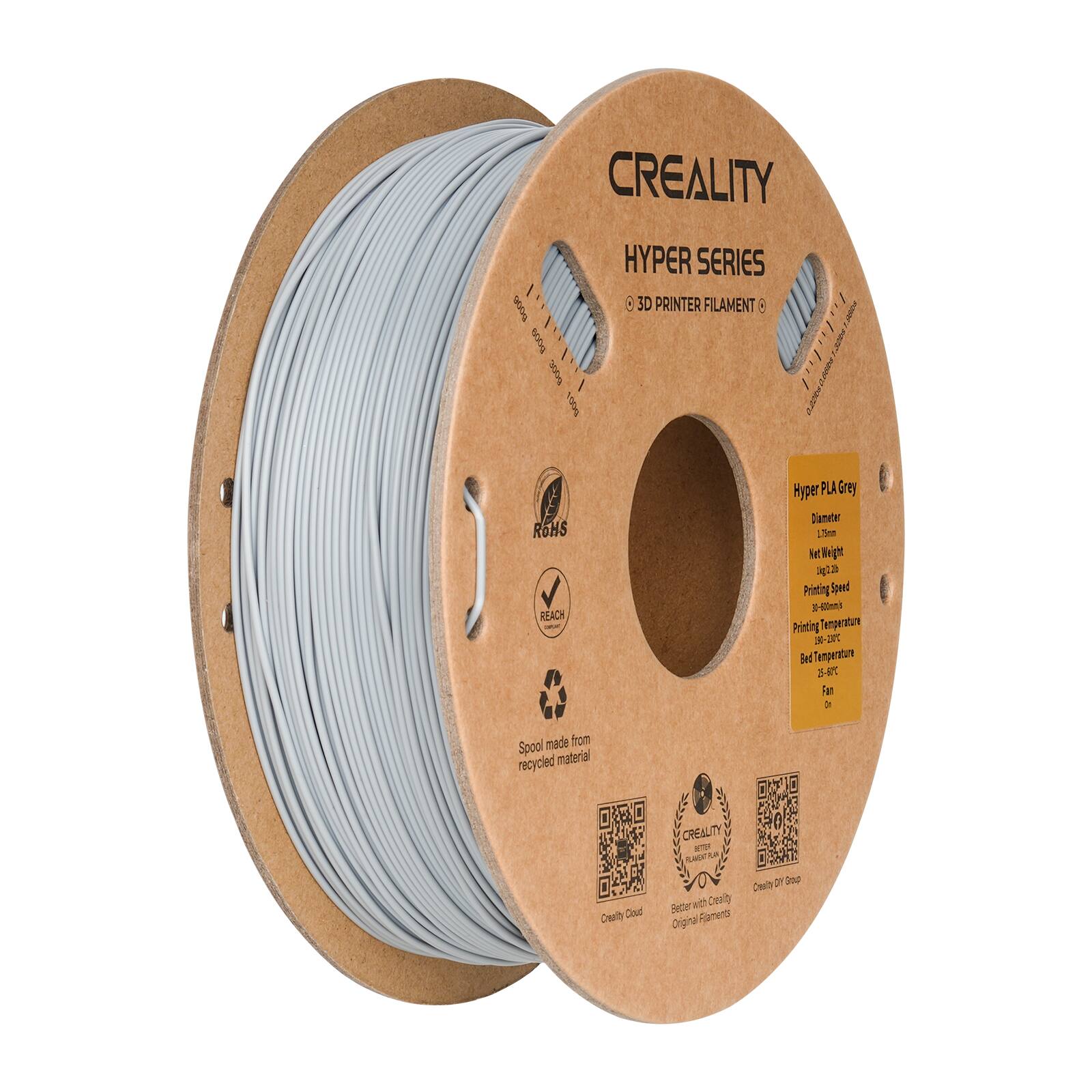 CREALITY HYPER SERIES AOCT 3D PRINTER FILAMENT: A s  SO /  AT 150 I RGHS REACH Hper PLA Grey Damatar 175mm t lge 2 a Printing Speed  4m Printing Temperature * 7%G-9 Bed Cemperntune 3  ip 2e Spool made from recycled material Dwlhy Cloud CREAUTY aTU Asnte Sether wt Cealily Driginal Famena D ed Dwit.