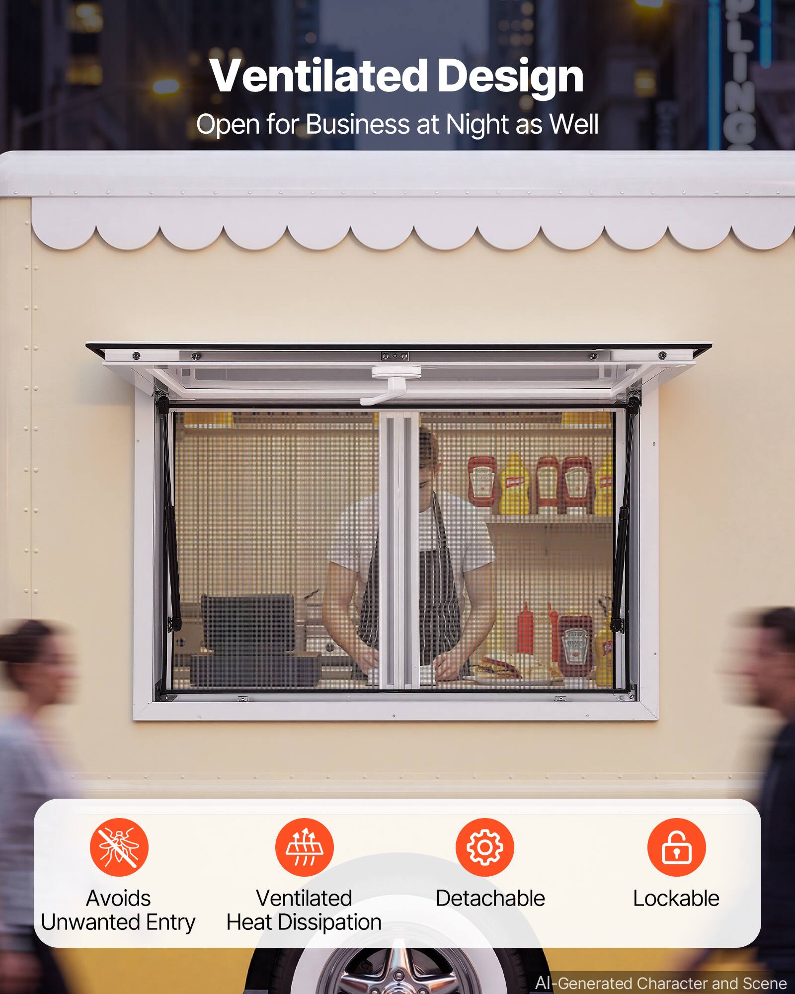 Ventilated Design  
Open for Business at Night as Well  

Avoids Unwanted Entry  
Ventilated Detachable Heat Dissipation  
Lockable  

AI-Generated Character and Scene