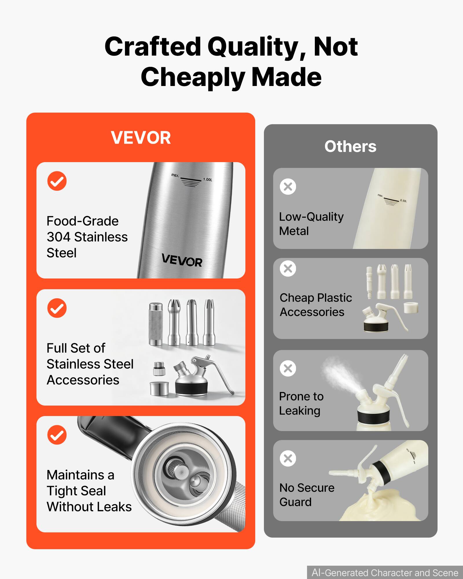Crafted Quality, Not Cheaply Made

VEVOR
- Food-Grade 304 Stainless Steel
- Full Set of Stainless Steel Accessories
- Maintains a Tight Seal Without Leaks

Others
- Low-Quality Metal
- Cheap Plastic Accessories
- Prone to Leaking
- No Secure Guard

AI-Generated Character and Scene