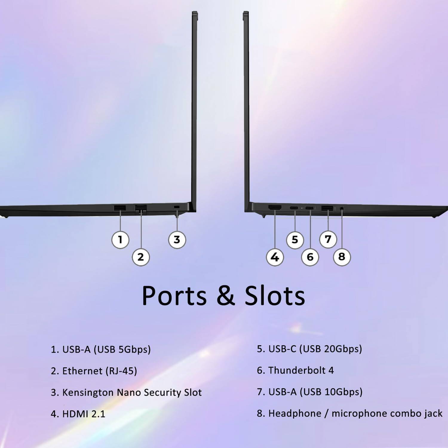 Ports & Slots

1. USB-A (USB 5Gbps)
2. Ethernet (RJ-45)
3. Kensington Nano Security Slot
4. HDMI 2.1
5. USB-C (USB 20Gbps)
6. Thunderbolt 4
7. USB-A (USB 10Gbps)
8. Headphone / microphone combo jack