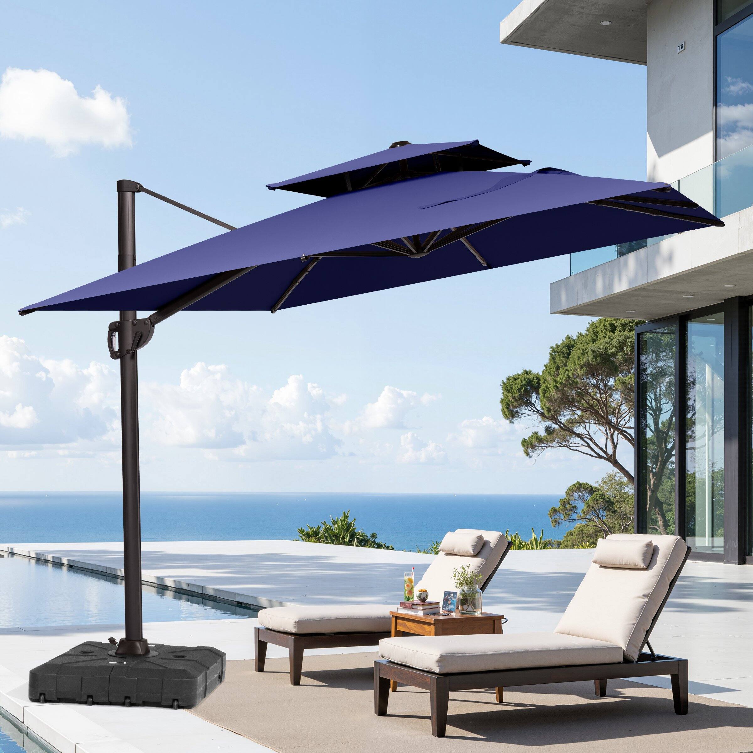 Angle. Crestlive Products - Crestlive Products 11ft UPF50+ Aluminum Double Top Slide-tilt Cantilever Patio Umbrella with 350lbs Wheeled Base - Navy blue.