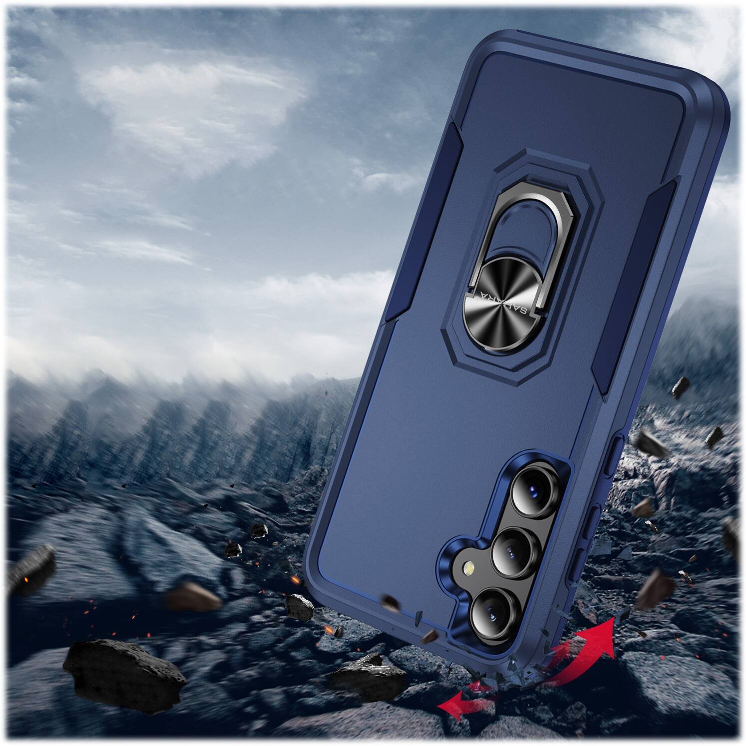 The image features a blue cell phone case with a camera on the back, which is placed on a rocky surface. The case is designed to protect the phone from potential damage, such as drops or impacts. The case is likely made of durable material, like plastic or rubber, to ensure the phone's safety while being carried around. The case's blue color and camera design make it stand out and provide a unique appearance.