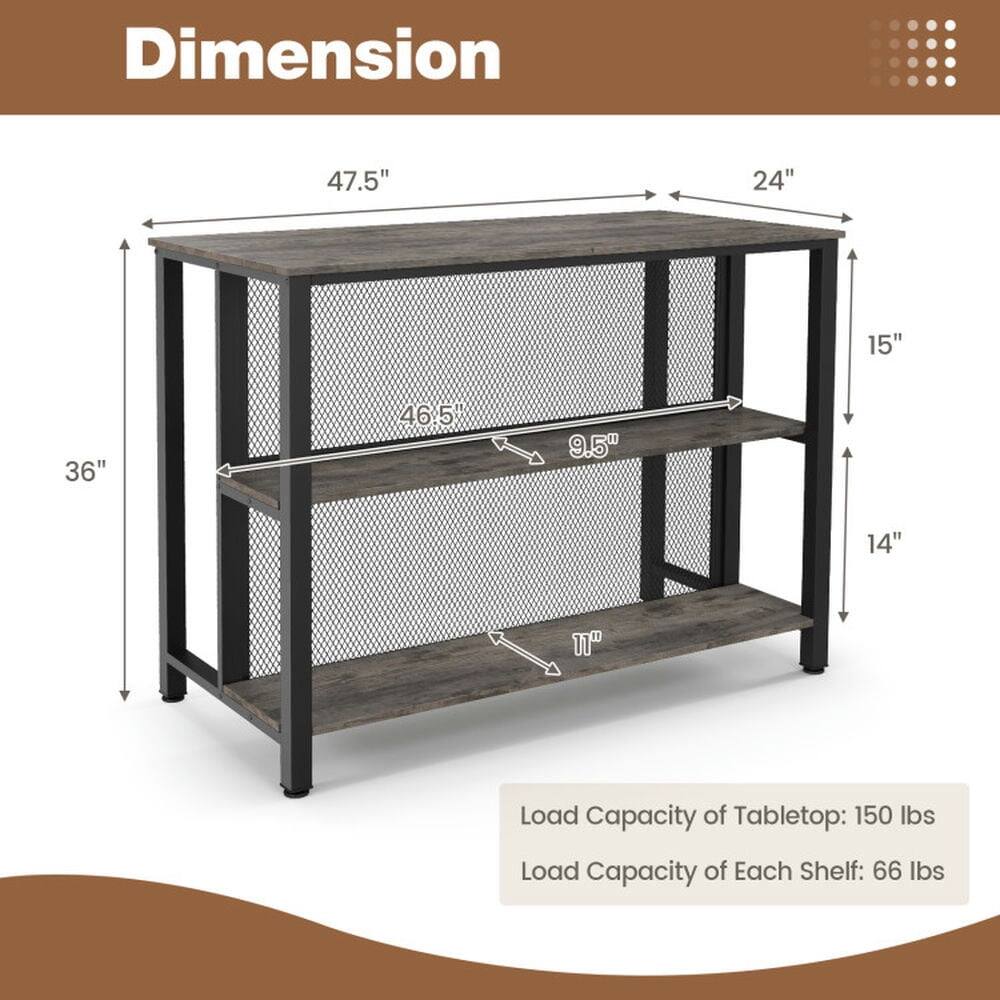 Dimension: 47.5" x 24" x 15" x 36" x 46.5" x 9.5" x 14" x 11"

Load Capacity of Tabletop: 150 lbs

Load Capacity of Each Shelf: 66 lbs
