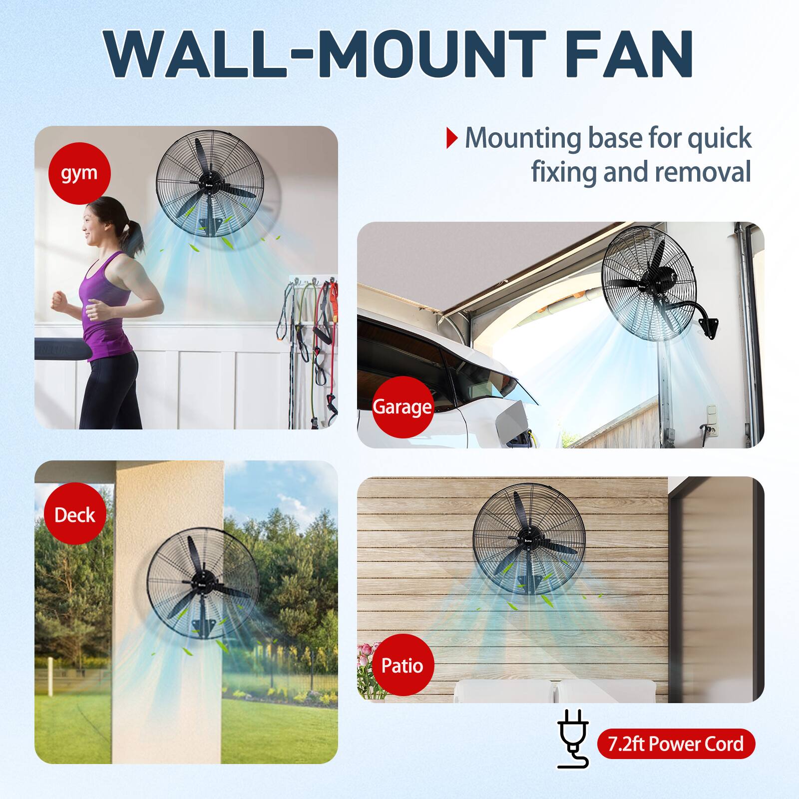 WALL-MOUNT FAN

- Mounting base for quick fixing and removal
- 7.2ft Power Cord

gym
Garage
Deck
Patio